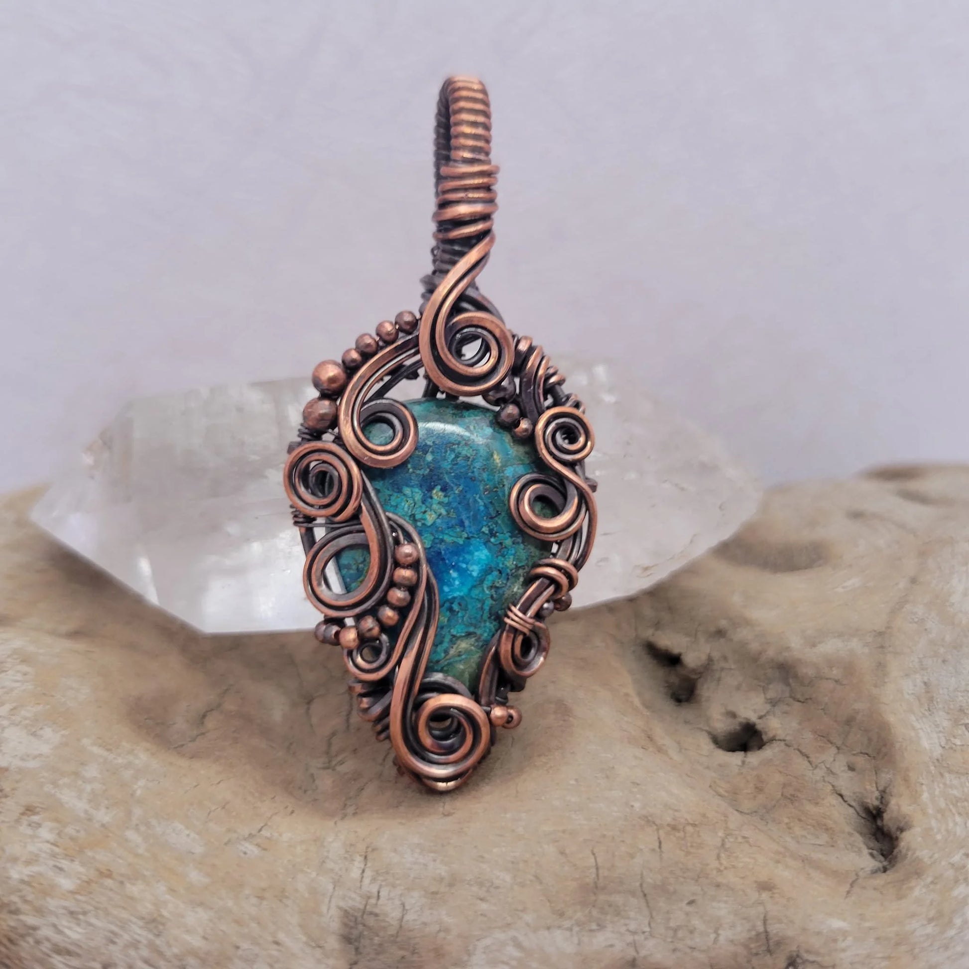 Handcrafted Shattuckite Copper Pendant Necklace — detail view