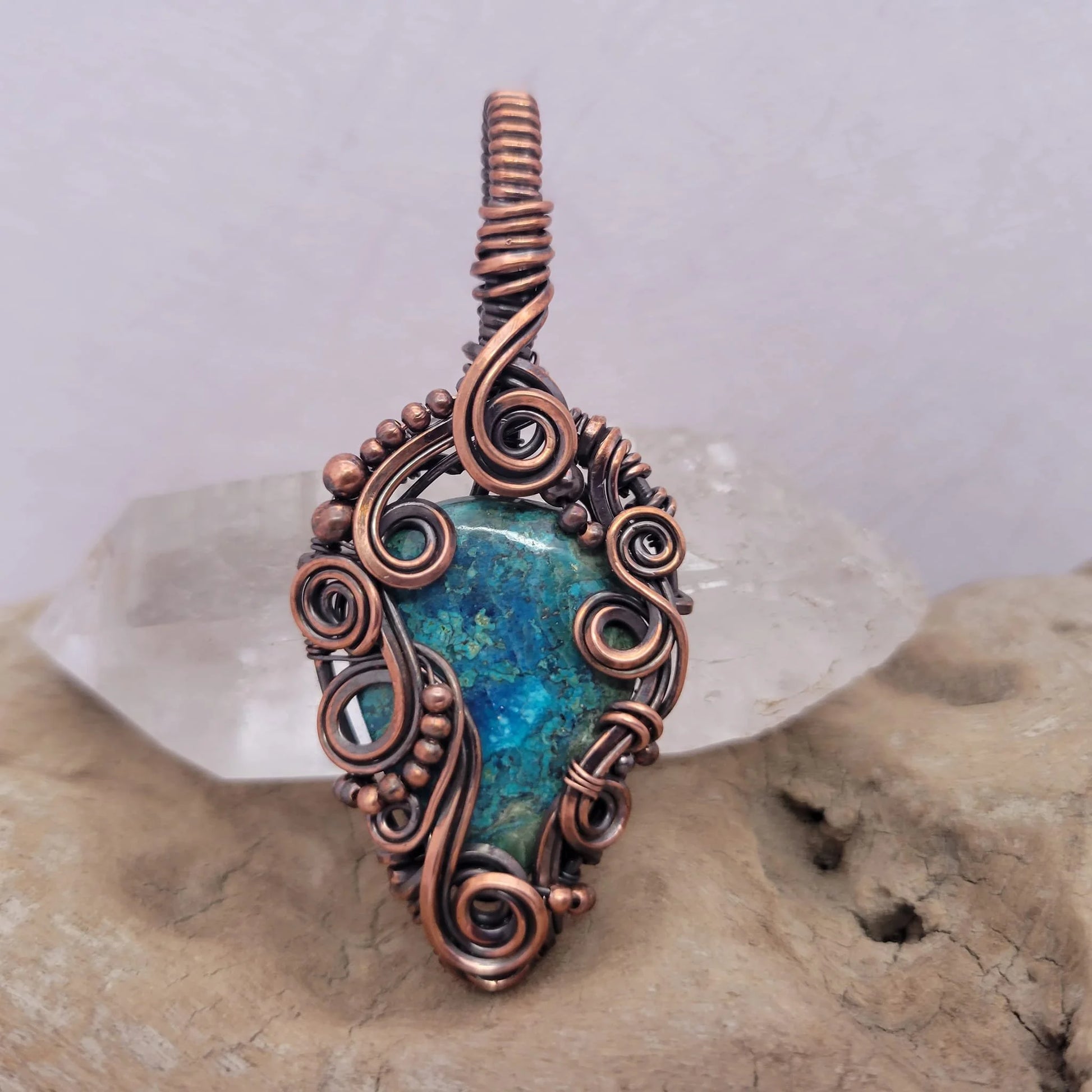 Handcrafted Shattuckite Copper Pendant Necklace — side view