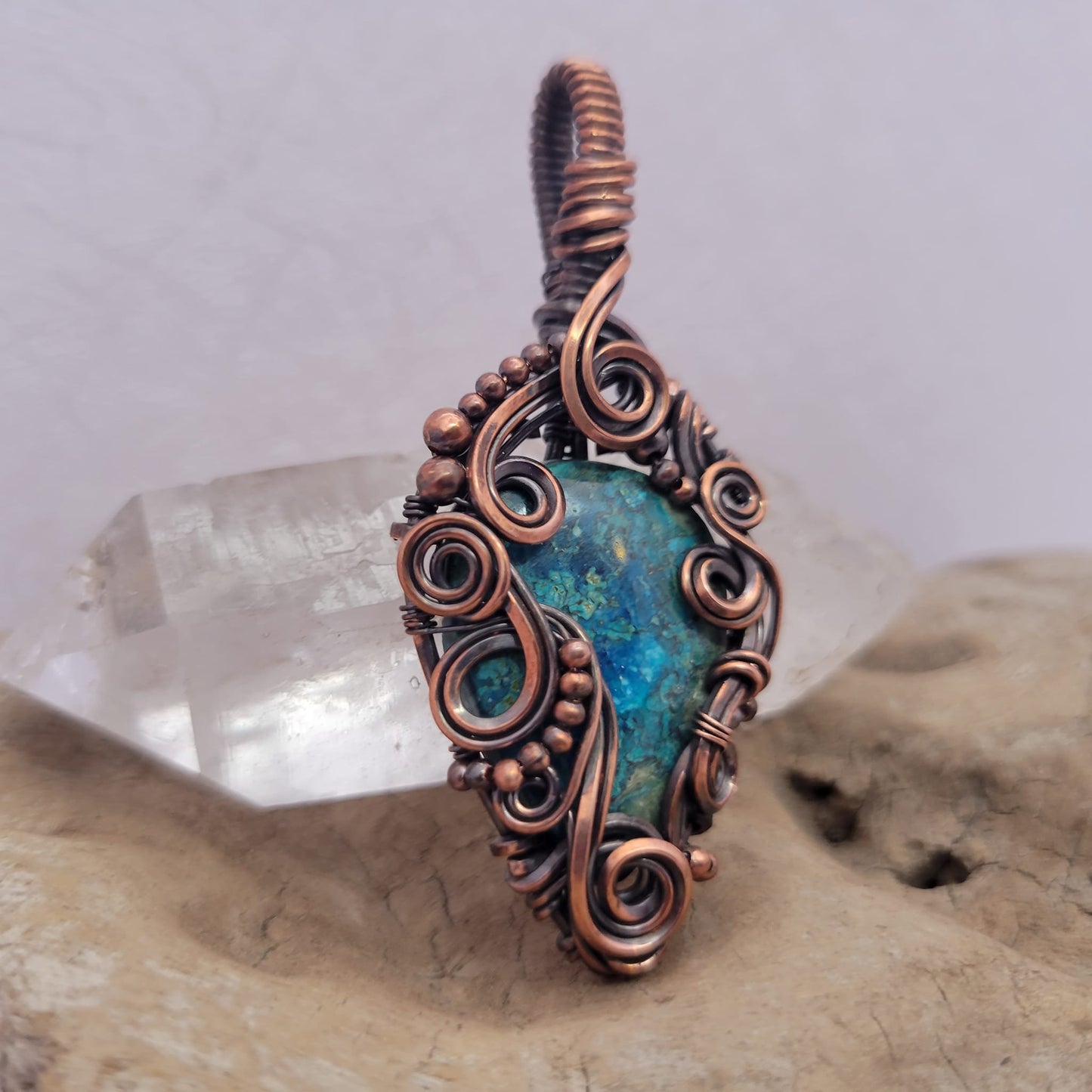 Handcrafted Shattuckite Copper Pendant Necklace — reverse view