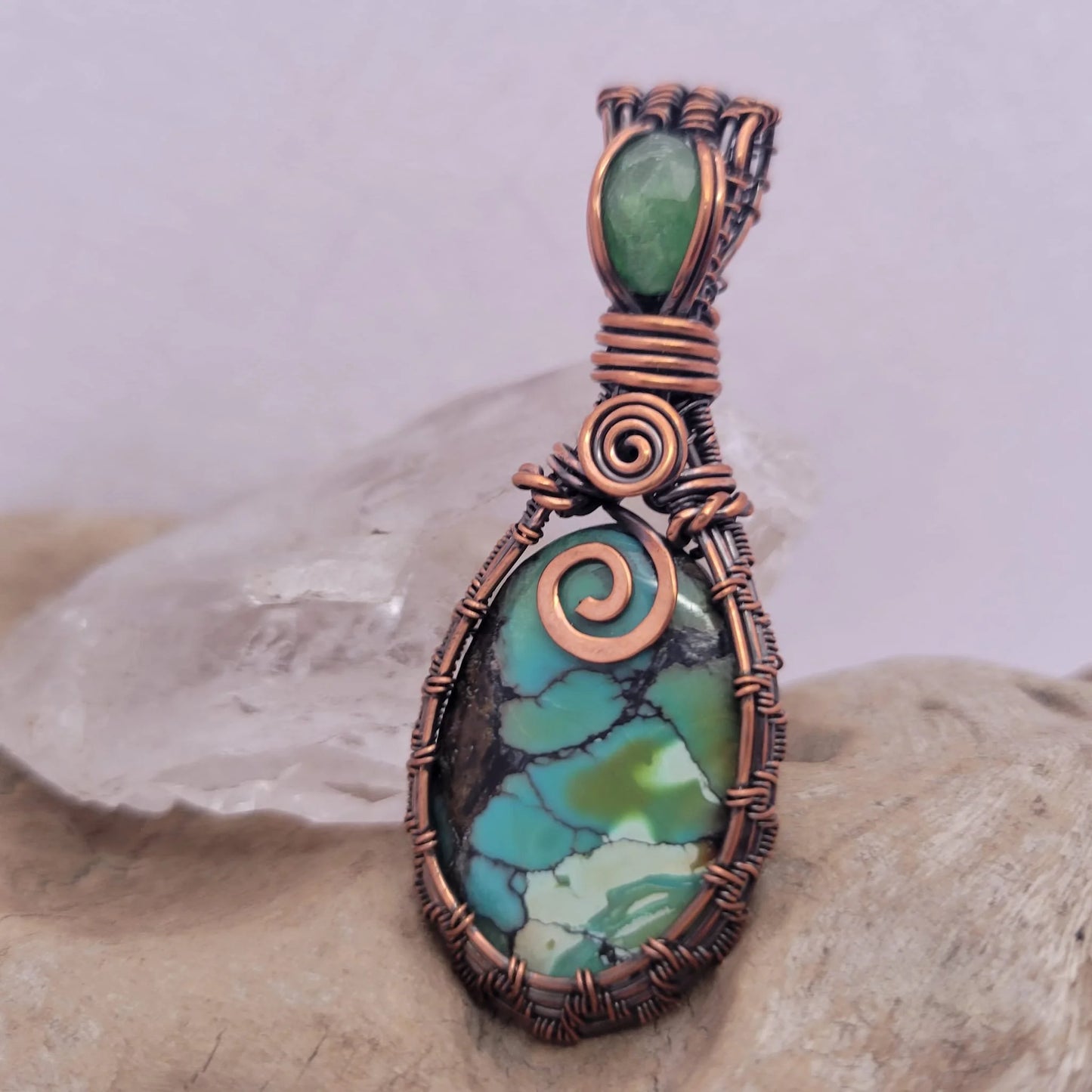 Handcrafted Turquoise and Hubei Turquoise and Peridot Copper Pendant Necklace — reverse view