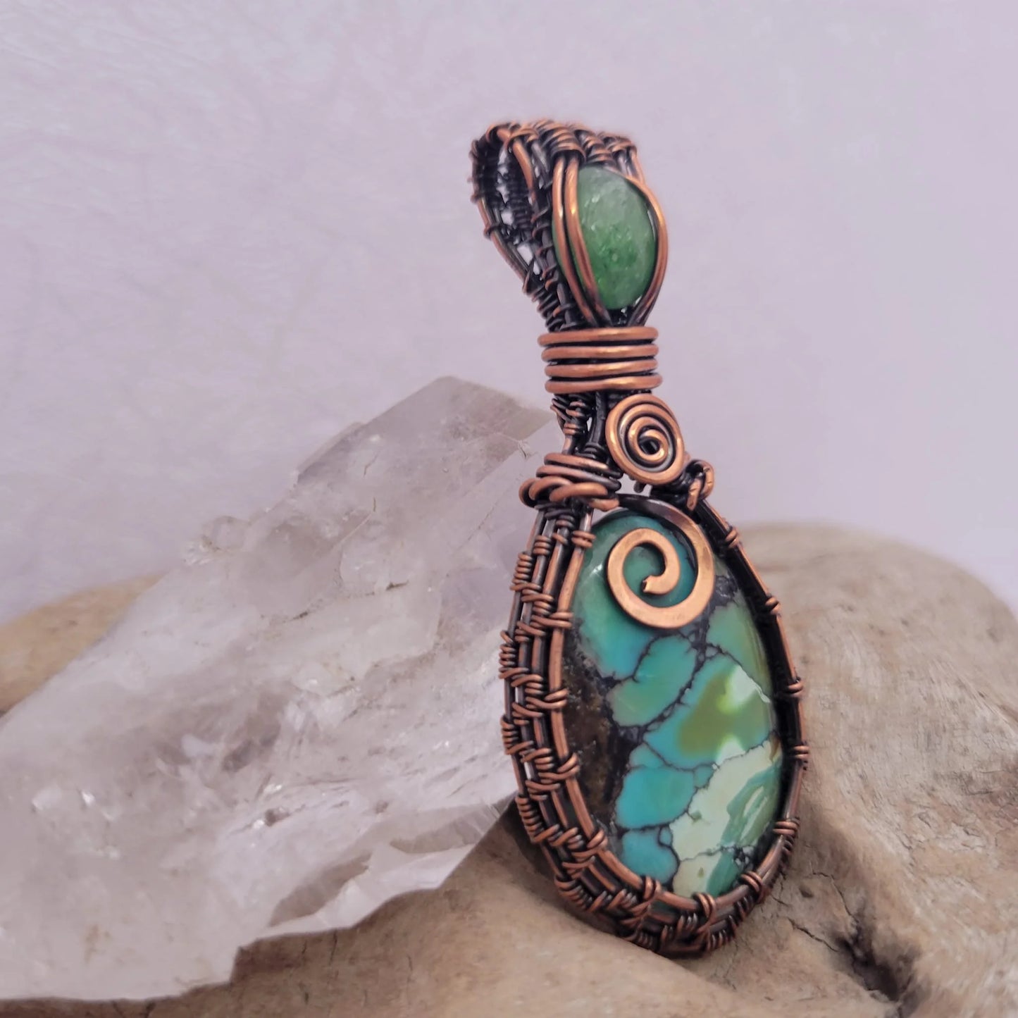 Handcrafted Turquoise and Hubei Turquoise and Peridot Copper Pendant Necklace — close-up