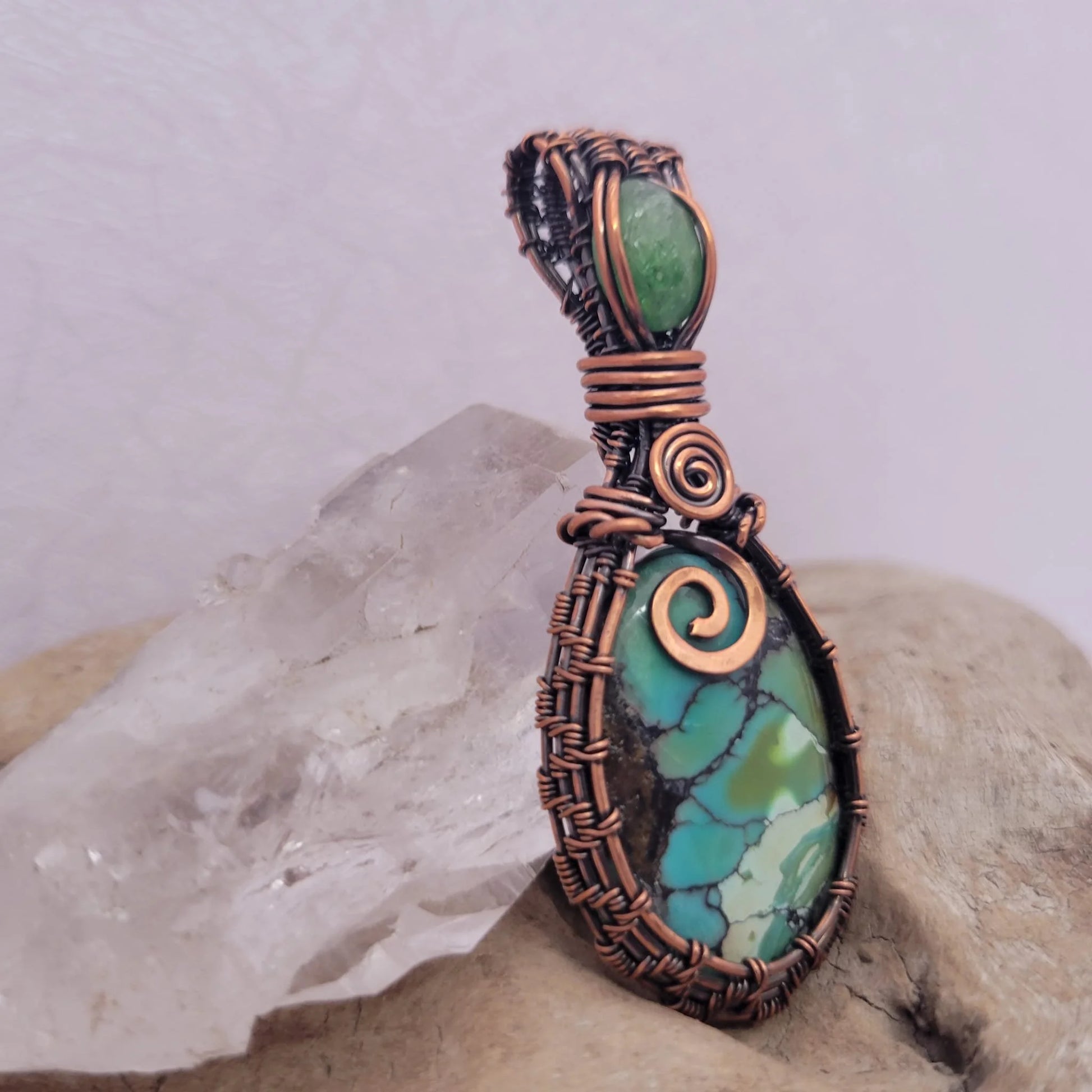 Handcrafted Turquoise and Hubei Turquoise and Peridot Copper Pendant Necklace — close-up