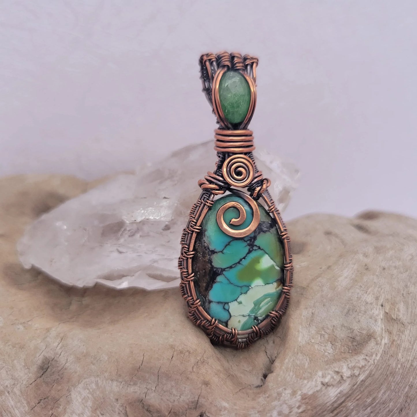 Handcrafted Turquoise and Hubei Turquoise and Peridot Copper Pendant Necklace — side view