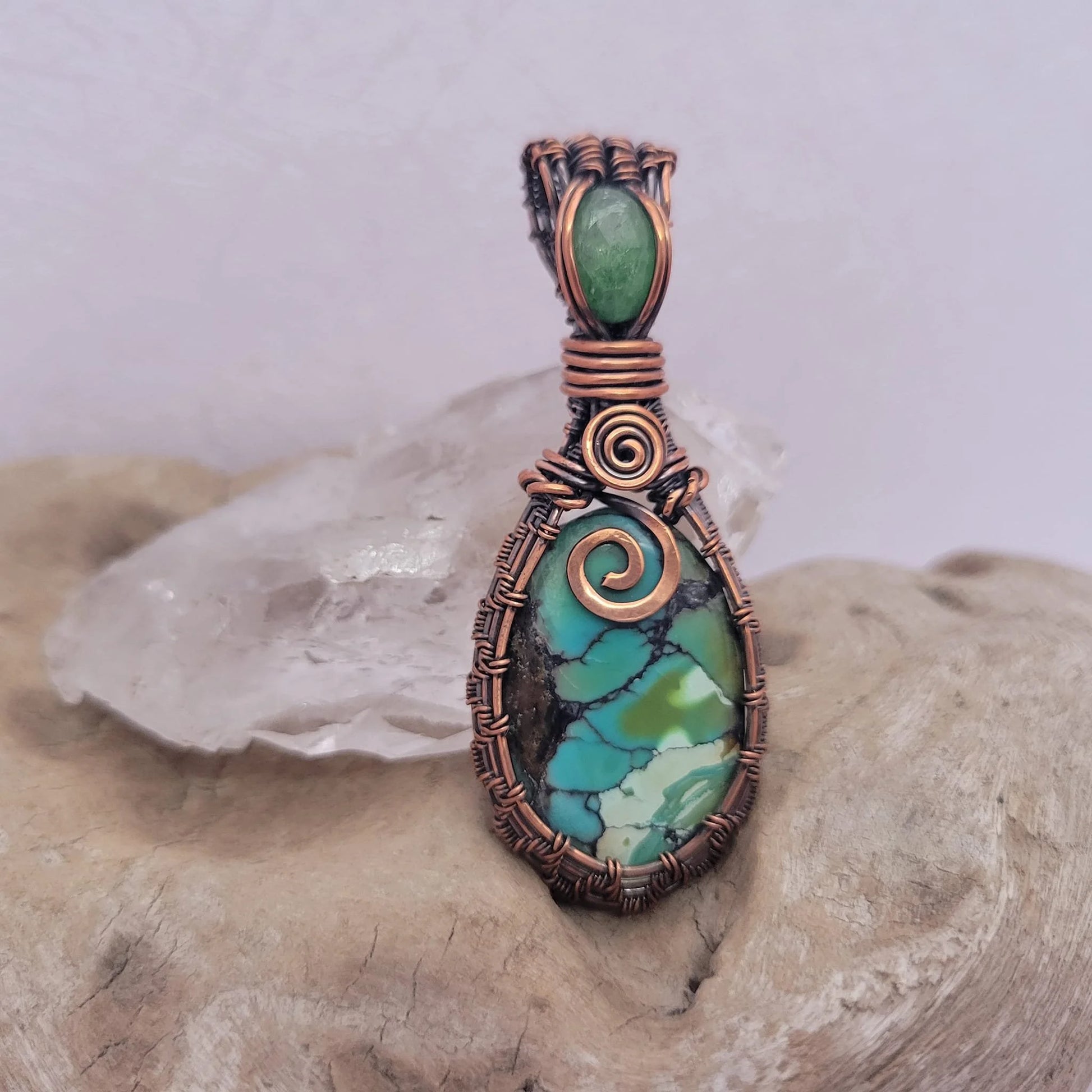 Handcrafted Turquoise and Hubei Turquoise and Peridot Copper Pendant Necklace — side view
