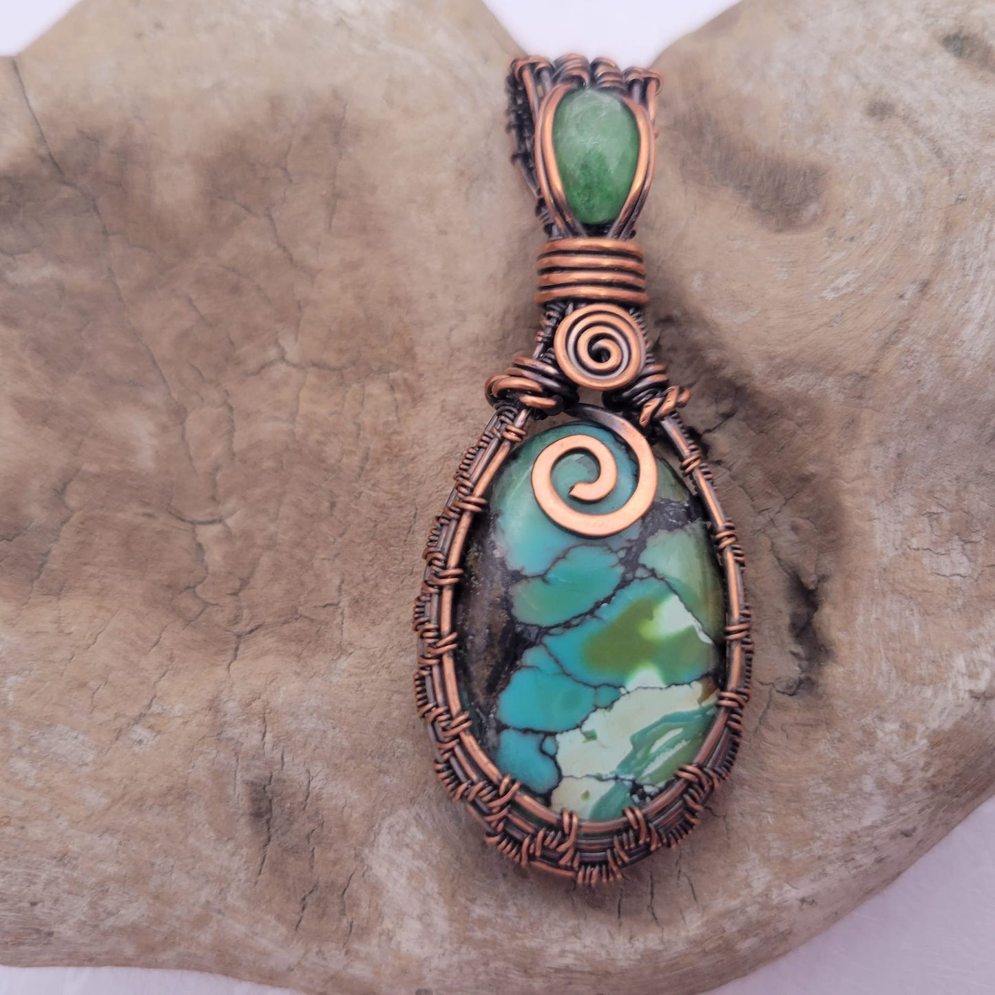 Handcrafted Turquoise and Hubei Turquoise and Peridot Copper Pendant Necklace — detail view