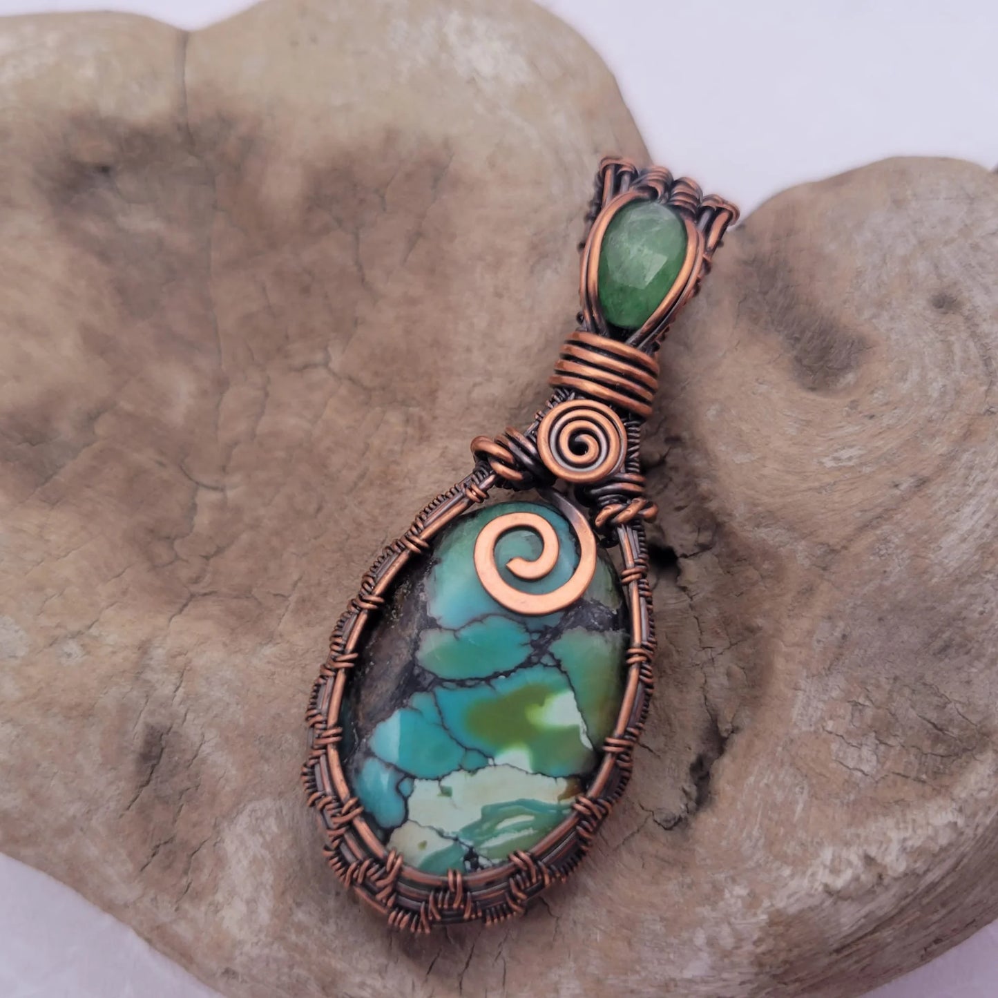 Handcrafted Turquoise and Hubei Turquoise and Peridot Copper Pendant Necklace — front view