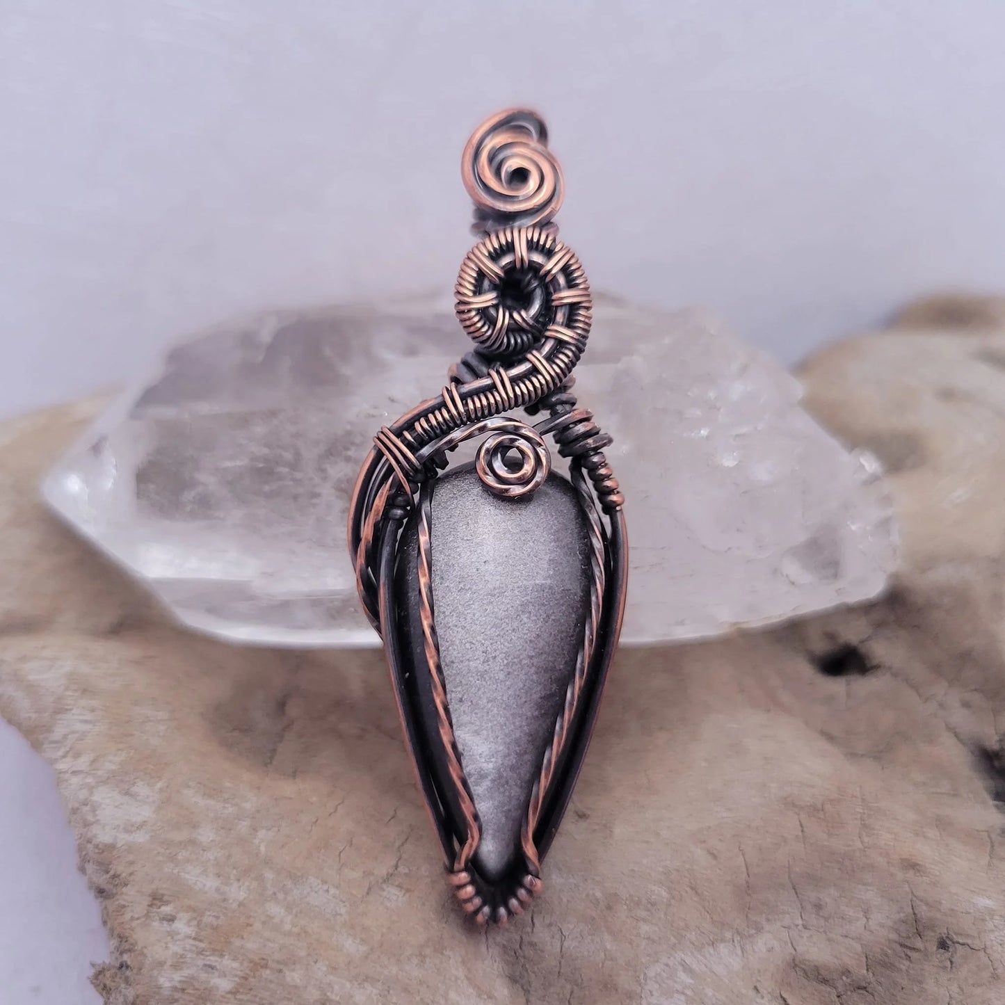 Handcrafted Silver Sheen Obsidian Copper Pendant Necklace — reverse view