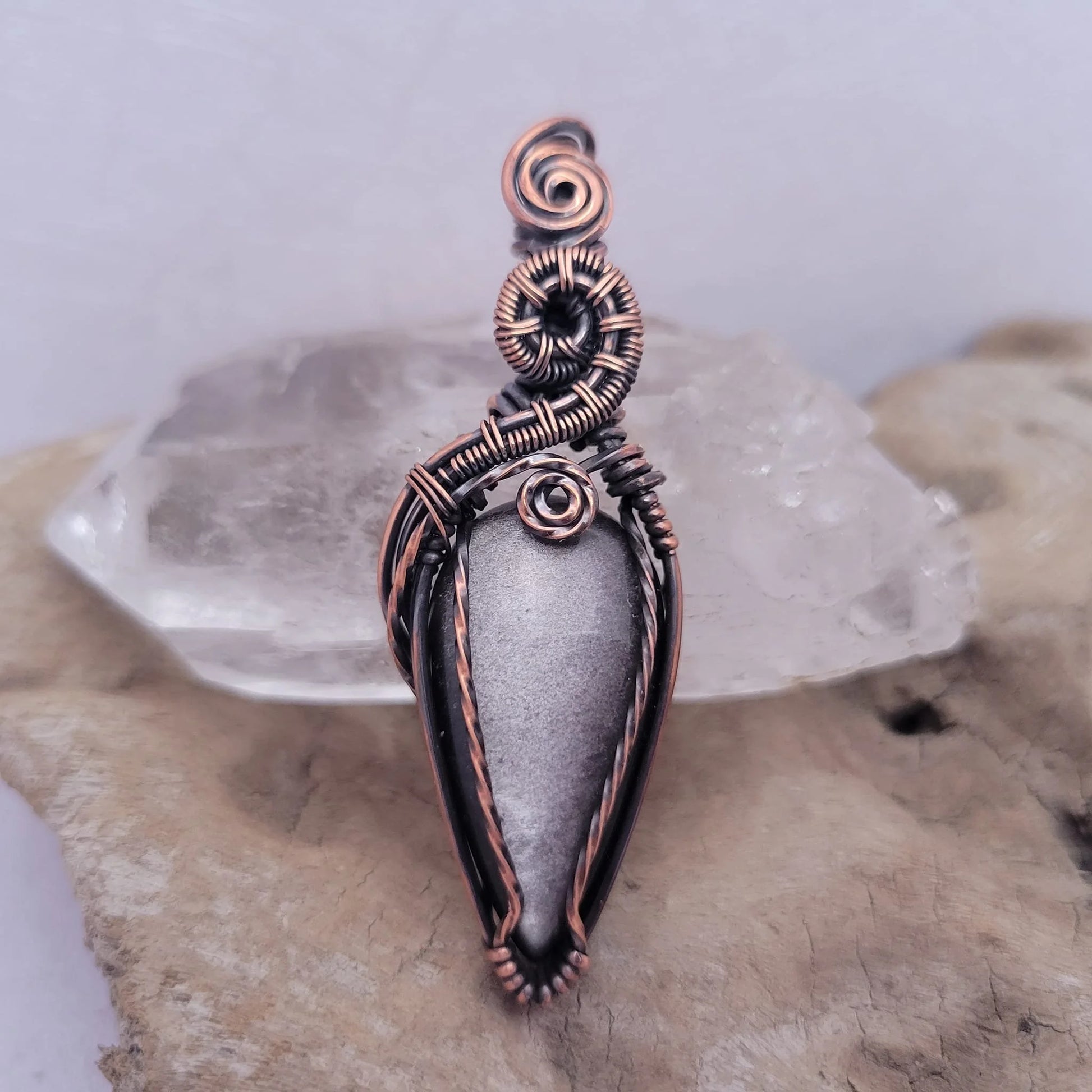 Handcrafted Silver Sheen Obsidian Copper Pendant Necklace — reverse view