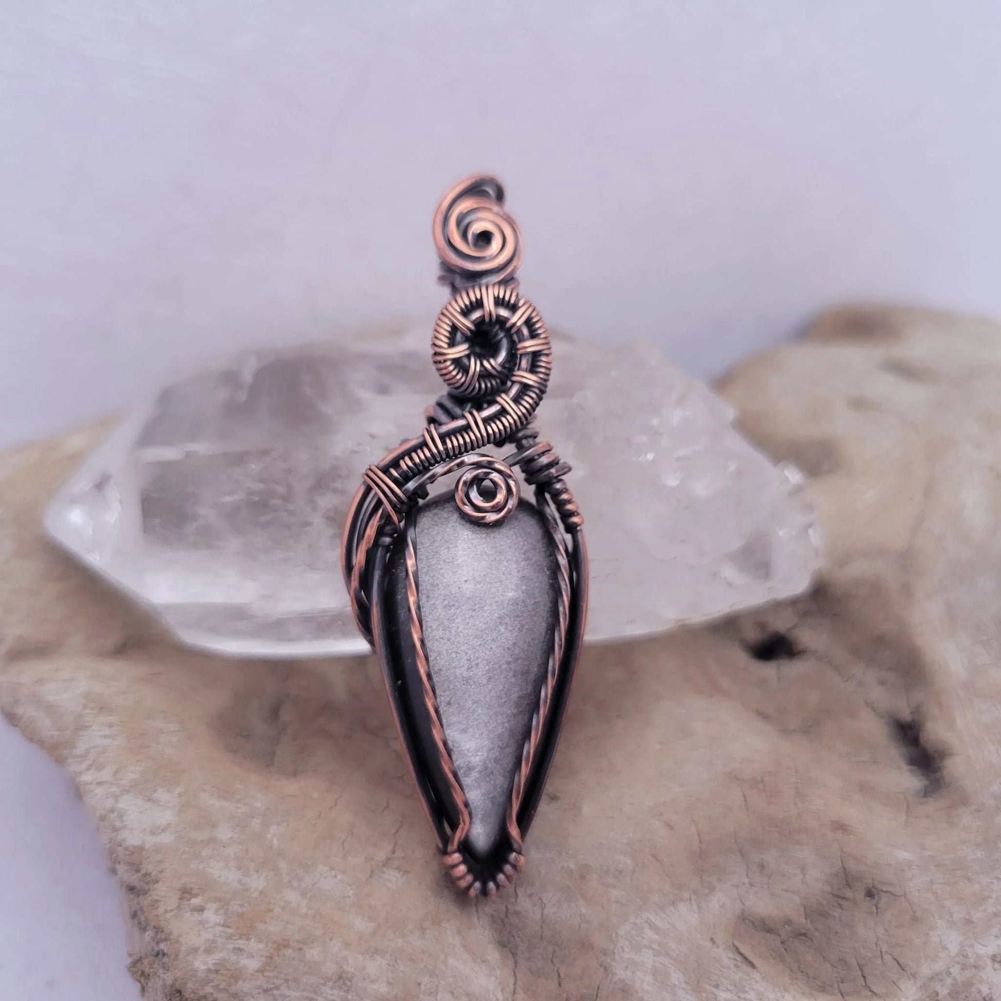 Handcrafted Silver Sheen Obsidian Copper Pendant Necklace — close-up