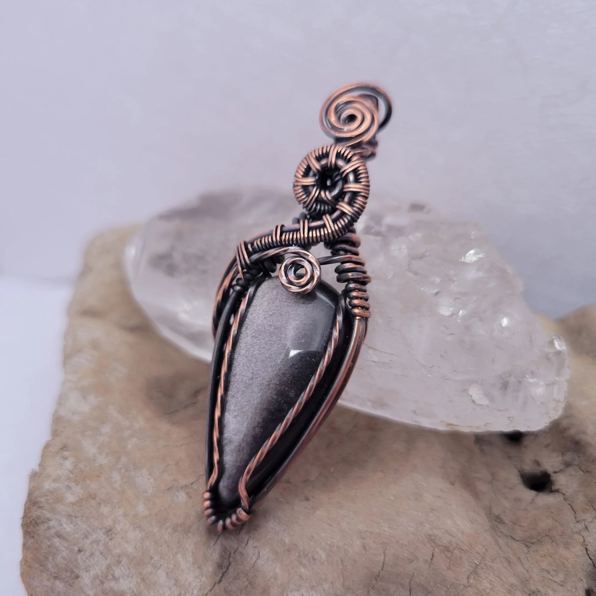 Handcrafted Silver Sheen Obsidian Copper Pendant Necklace — side view