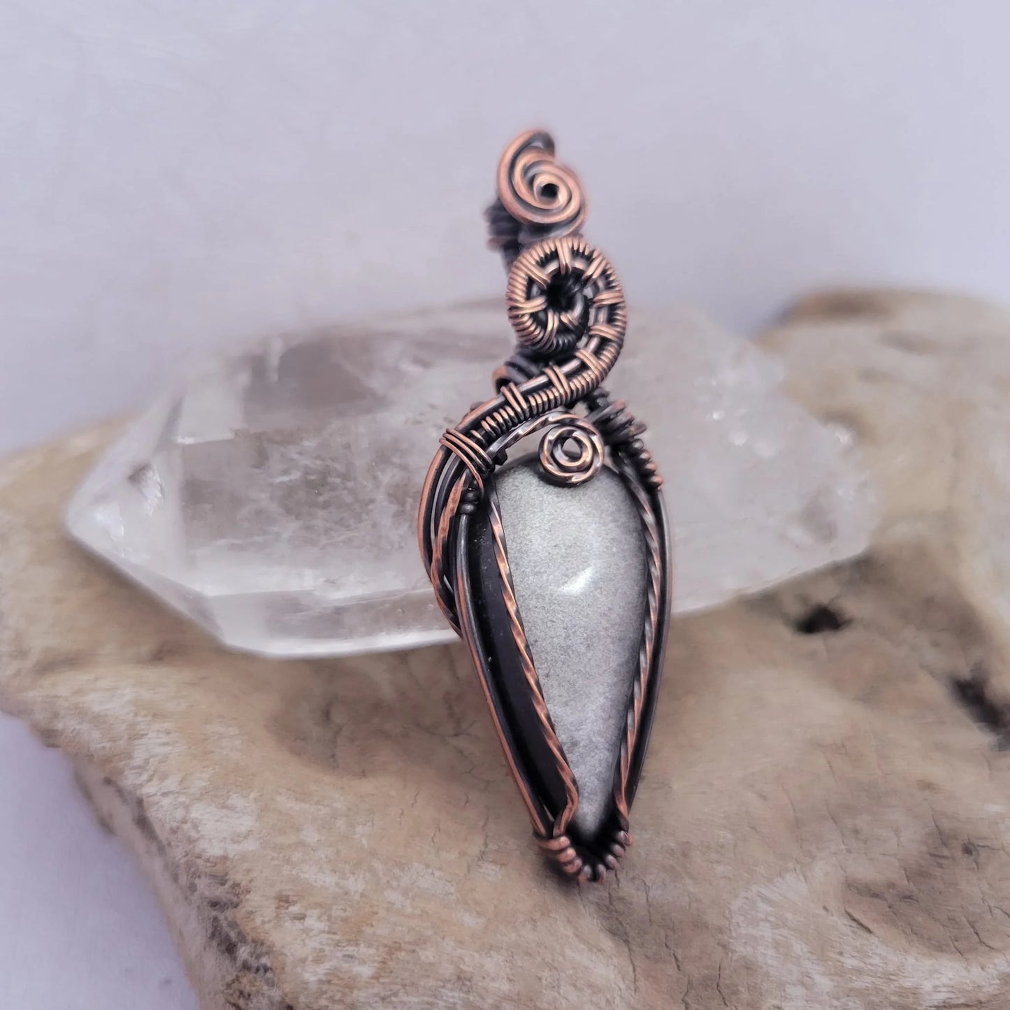 Handcrafted Silver Sheen Obsidian Copper Pendant Necklace — detail view