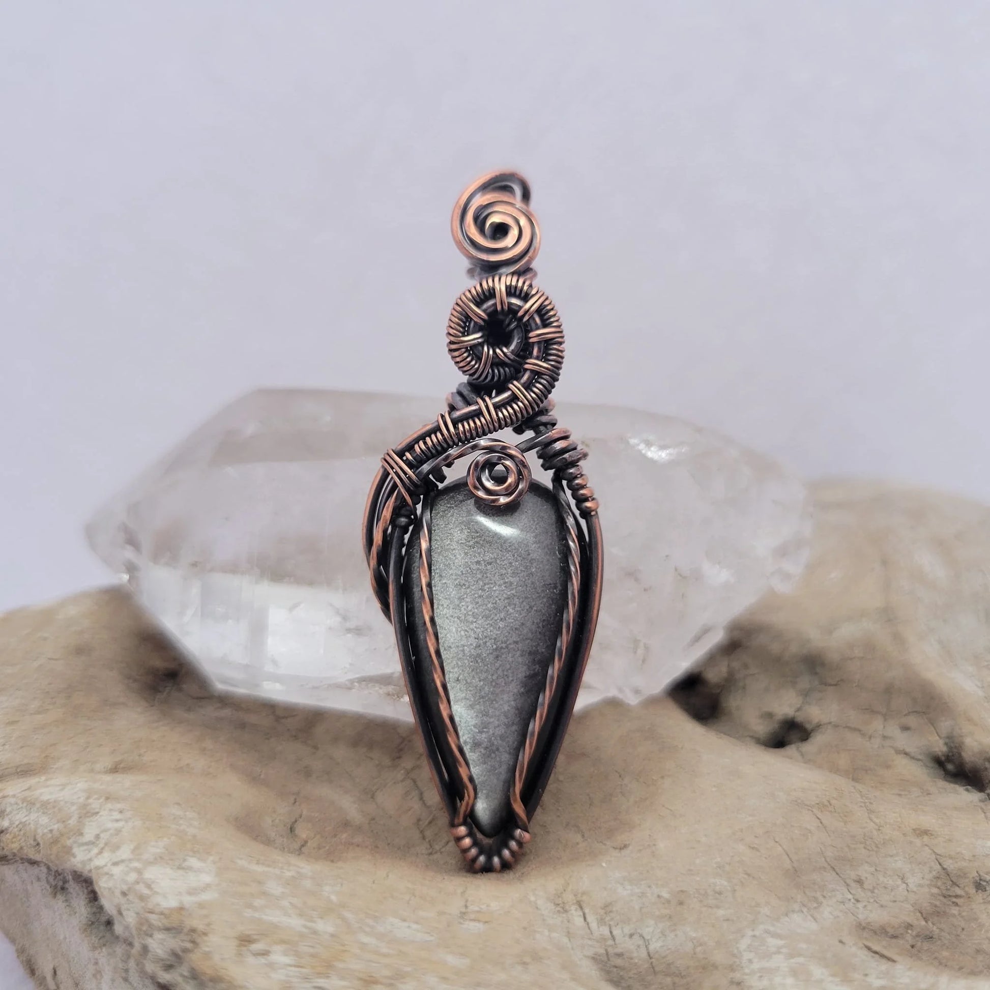 Handcrafted Silver Sheen Obsidian Copper Pendant Necklace — front view