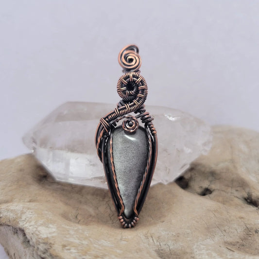 Handcrafted Silver Sheen Obsidian Copper Pendant Necklace — front view