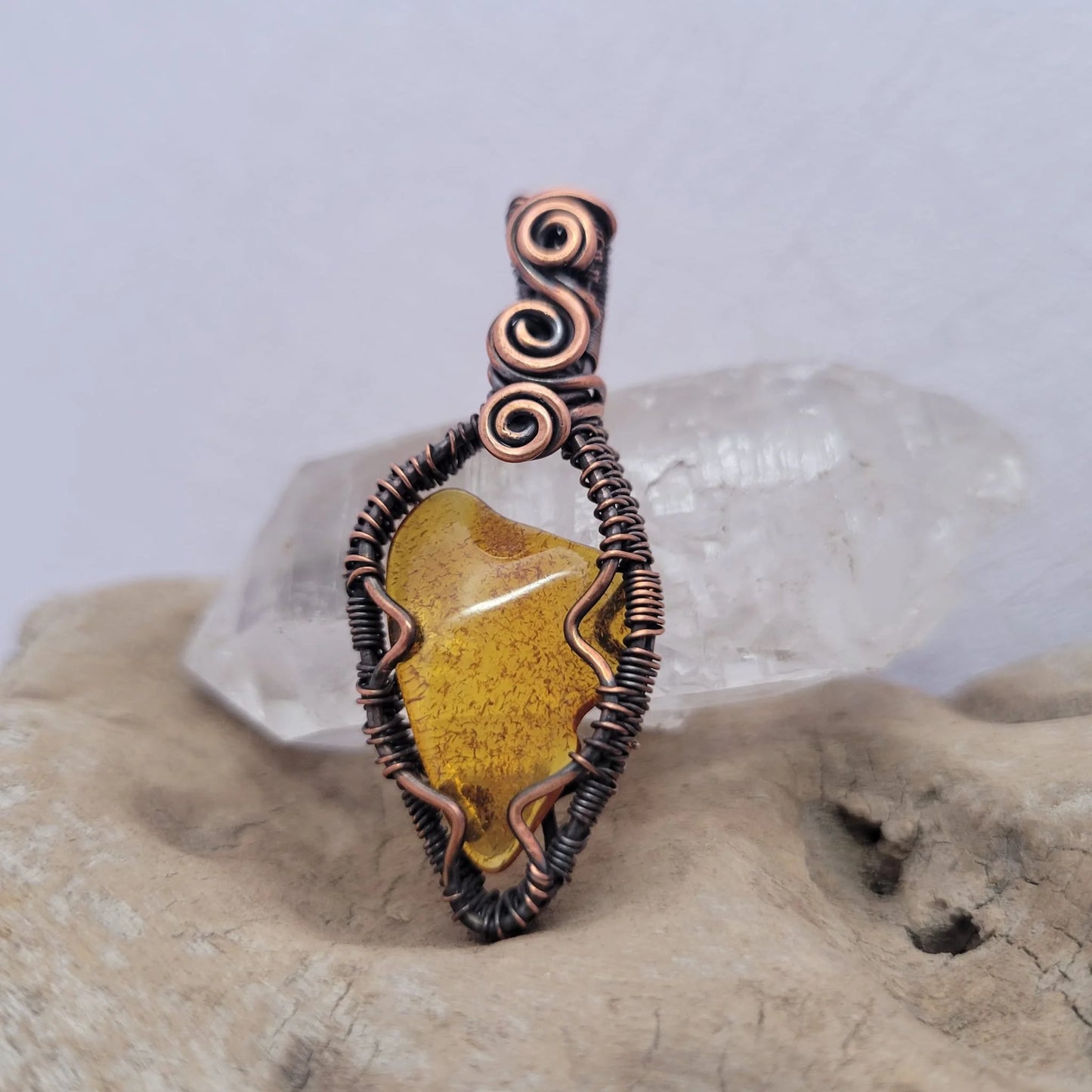Handcrafted Amber Copper Pendant Necklace — side view