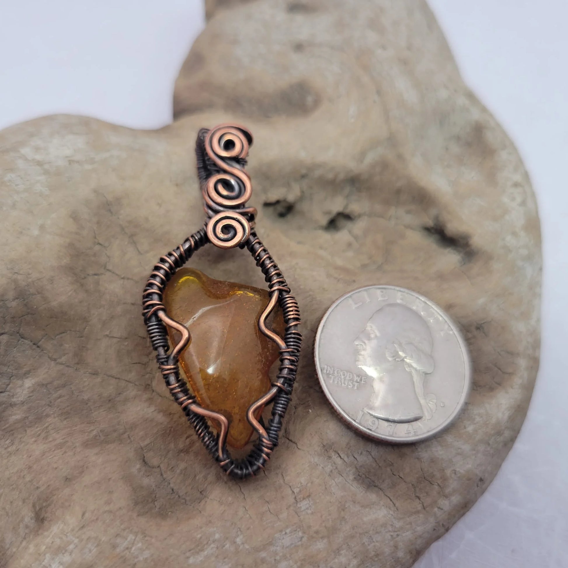 Handcrafted Amber Copper Pendant Necklace — close-up