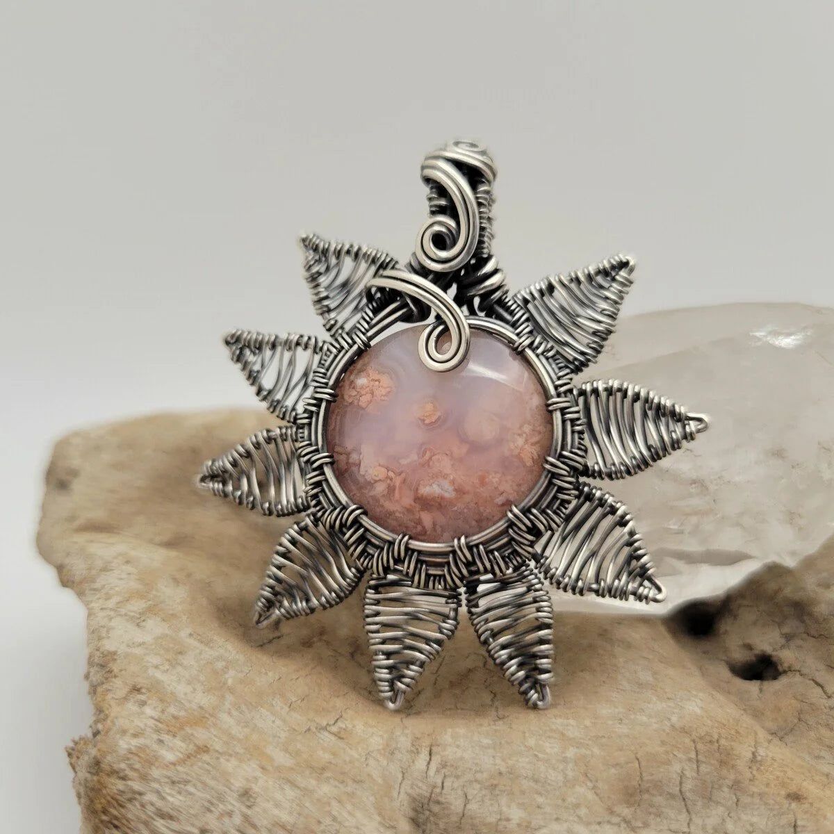 Handcrafted Cotton Candy Agate Sterling Silver Pendant Necklace — detail view