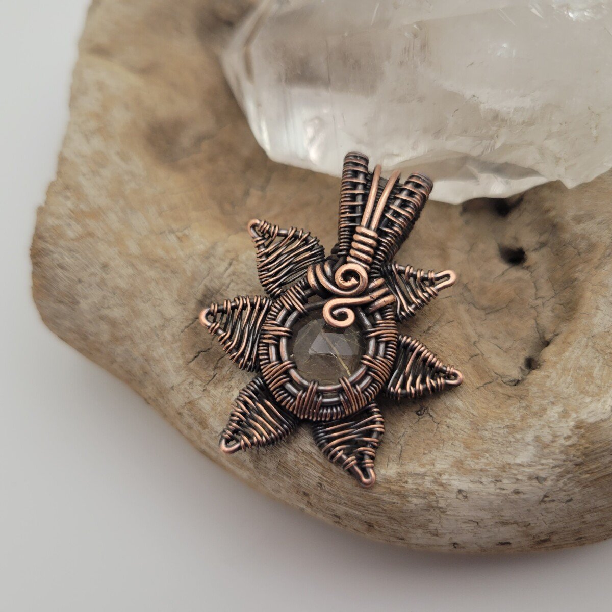 Handcrafted Rutilated Quartz Copper Sun Pendant Necklace — front view