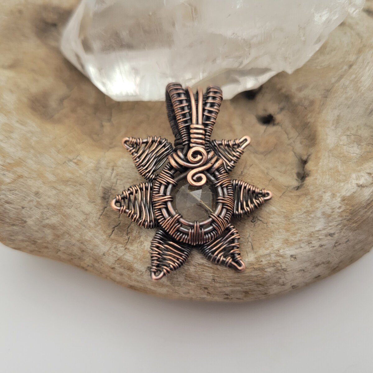 Handcrafted Rutilated Quartz Copper Sun Pendant Necklace — detail view