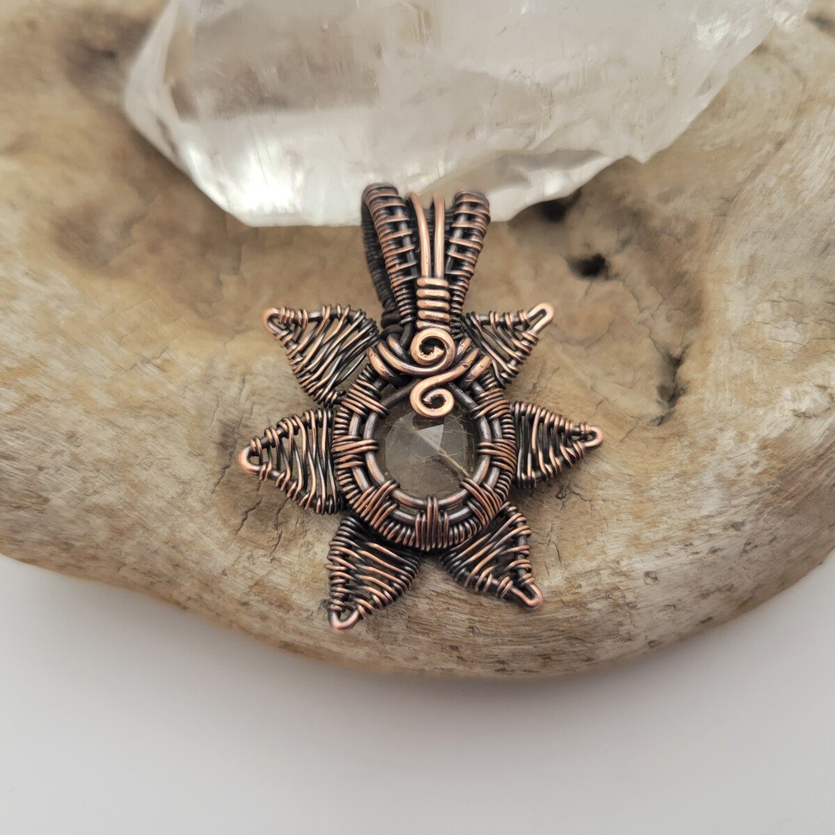 Handcrafted Rutilated Quartz Copper Sun Pendant Necklace — side view