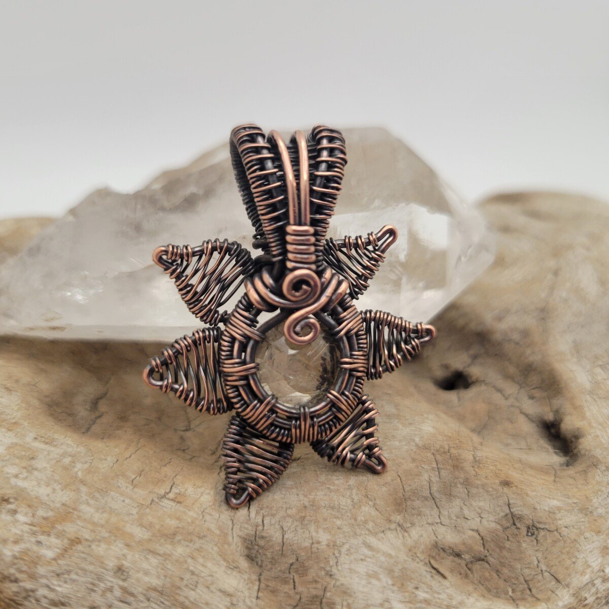 Handcrafted Rutilated Quartz Copper Sun Pendant Necklace — close-up