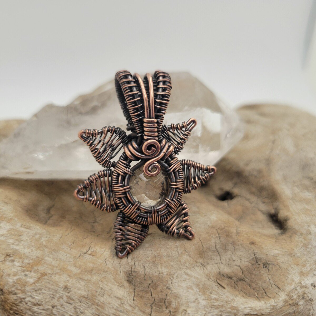 Handcrafted Rutilated Quartz Copper Sun Pendant Necklace — reverse view