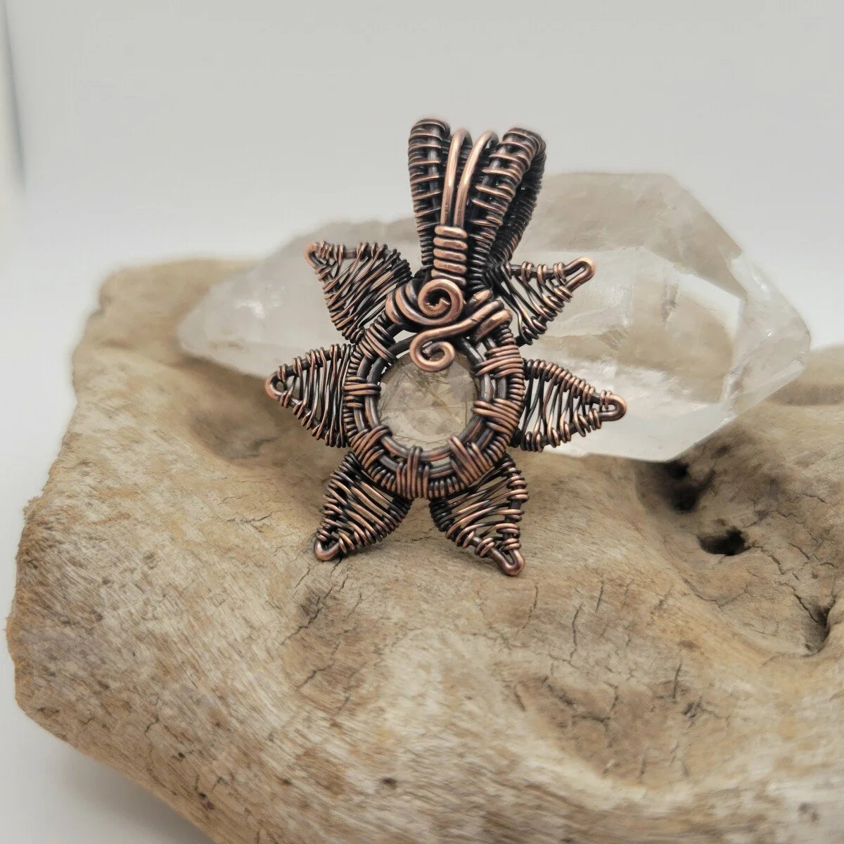 Handcrafted Rutilated Quartz Copper Sun Pendant Necklace — product image 8