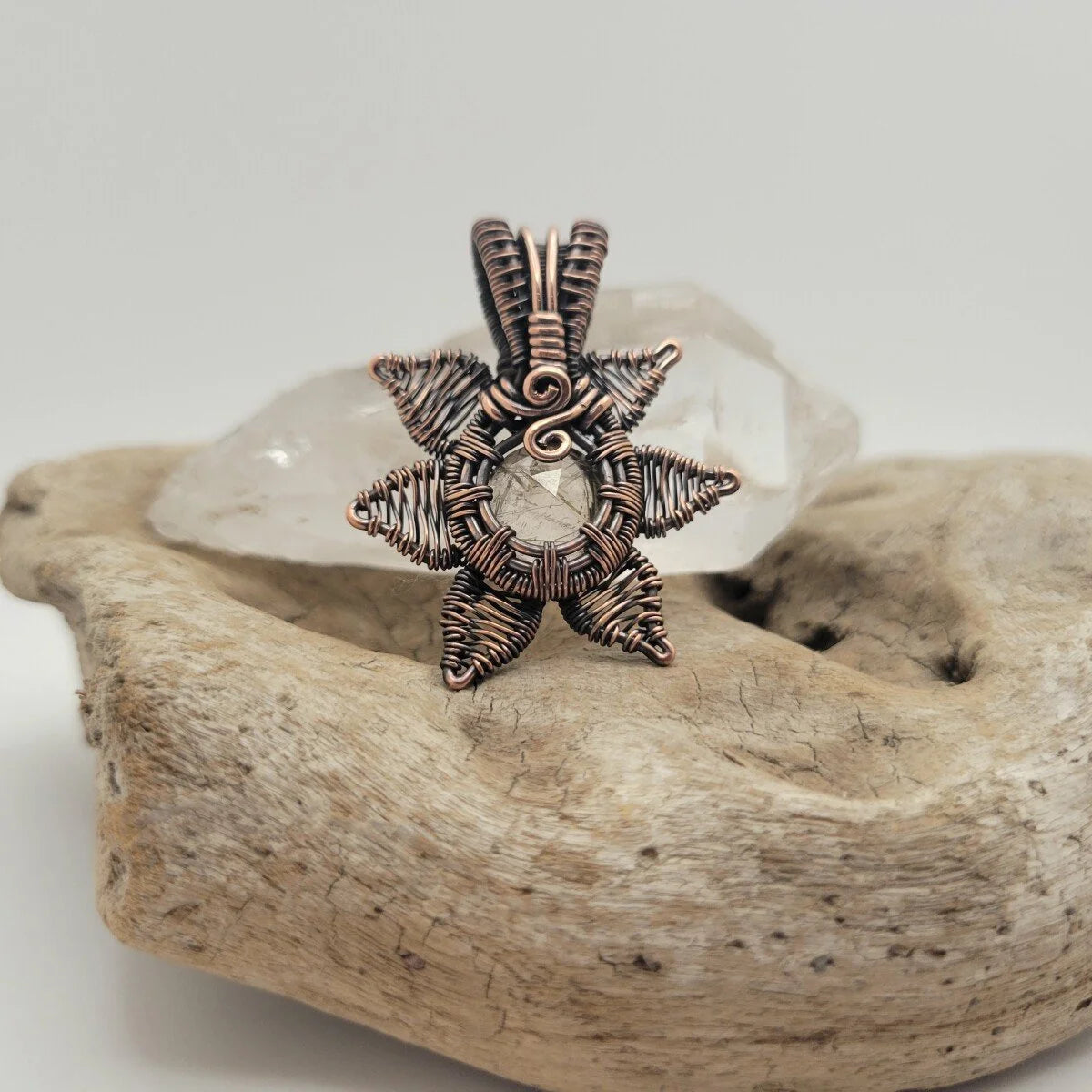 Handcrafted Rutilated Quartz Copper Sun Pendant Necklace — product image 9