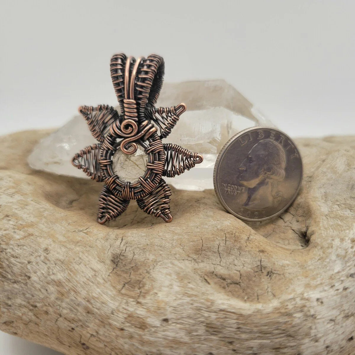 Handcrafted Rutilated Quartz Copper Sun Pendant Necklace — product image 11