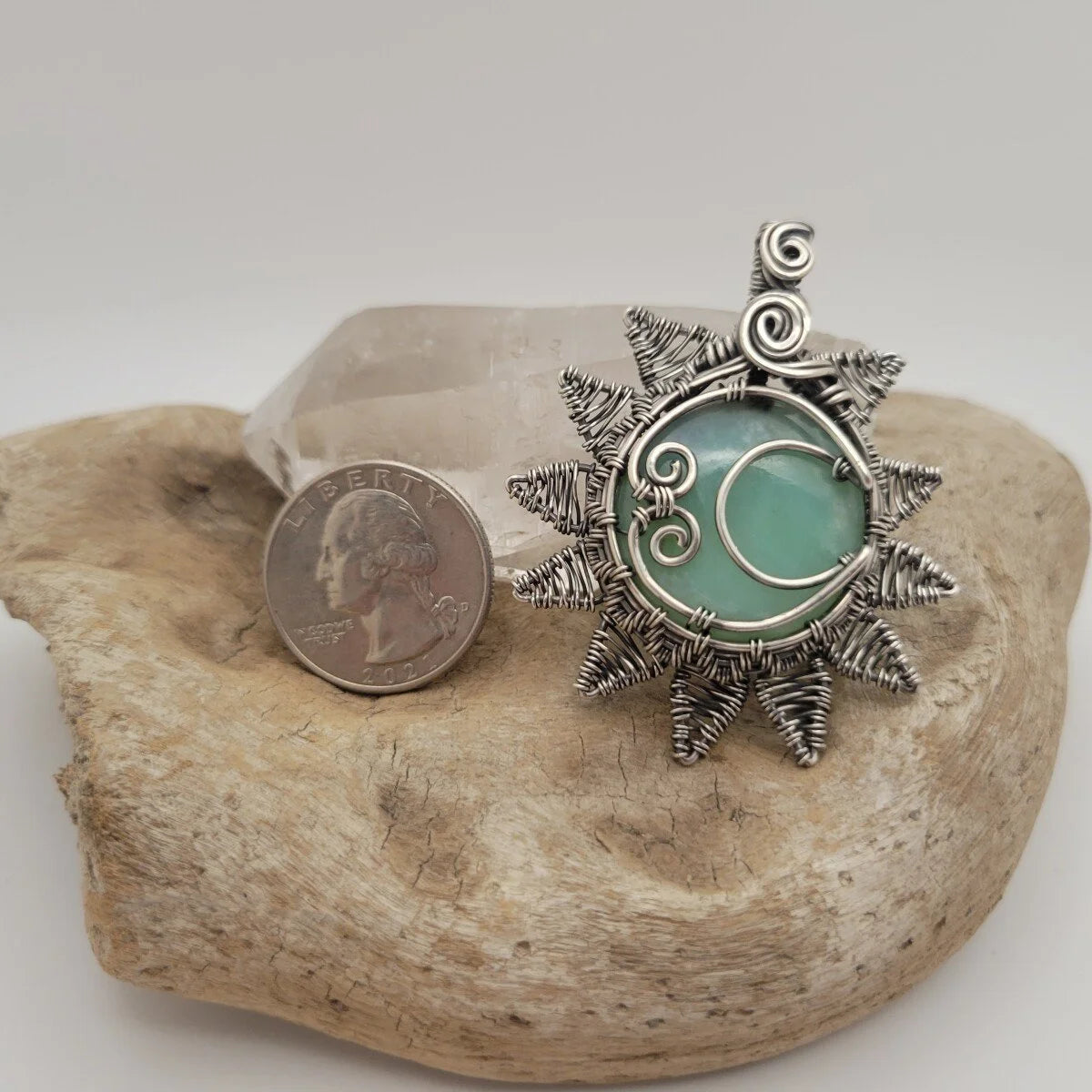 Handcrafted Blue Peruvian Opal Sterling Silver Sun and Moon Pendant Necklace — product image 11