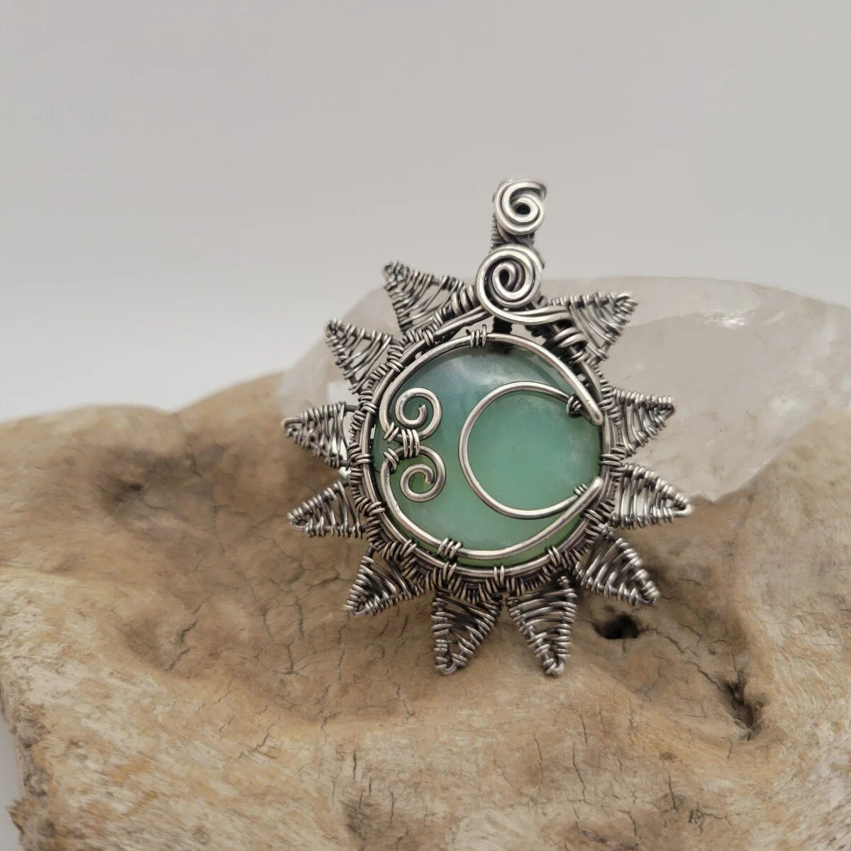 Handcrafted Blue Peruvian Opal Sterling Silver Sun and Moon Pendant Necklace — detail view