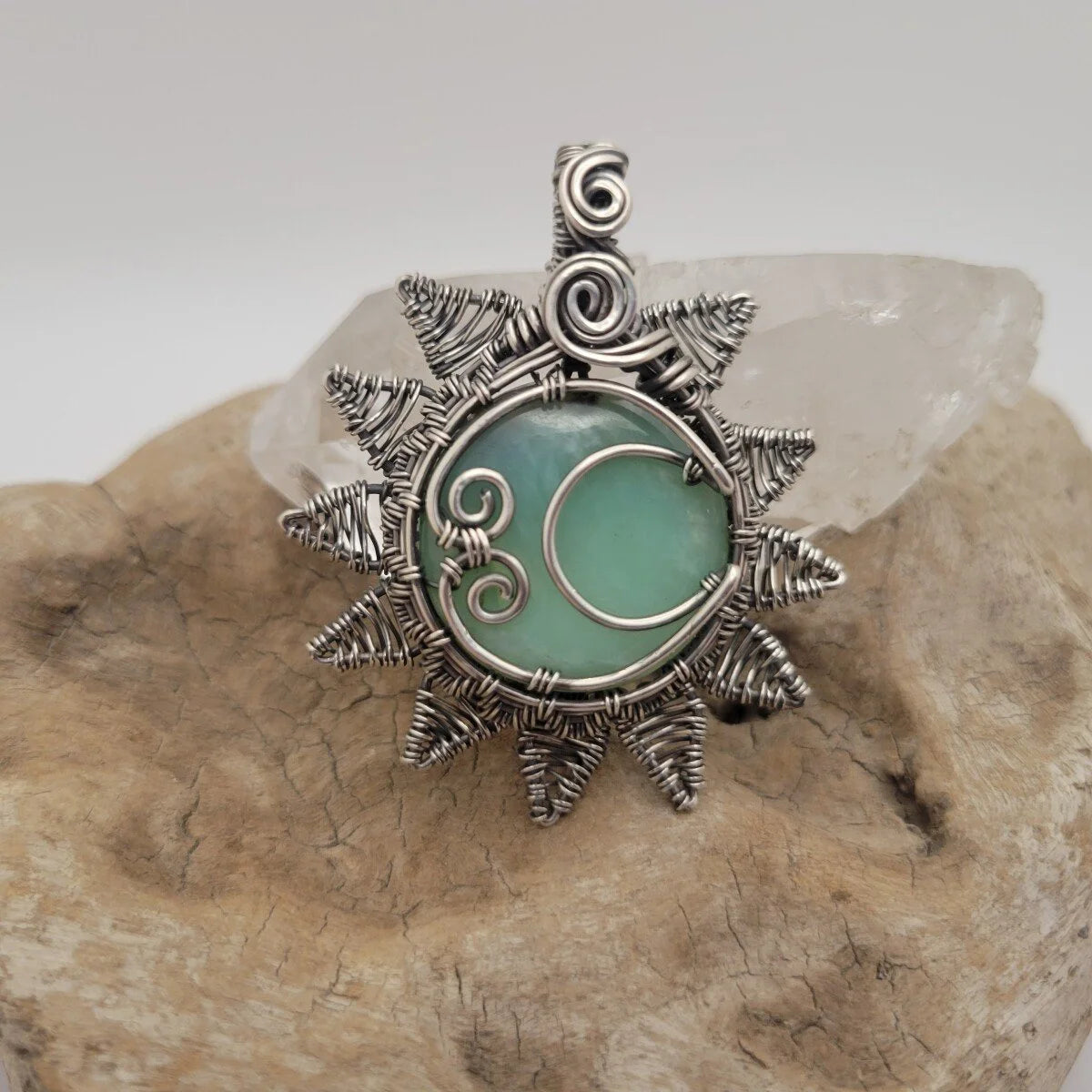 Handcrafted Blue Peruvian Opal Sterling Silver Sun and Moon Pendant Necklace — side view