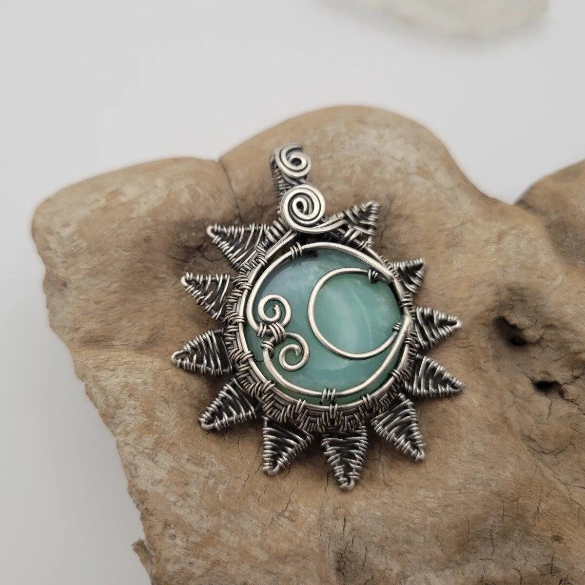 Handcrafted Blue Peruvian Opal Sterling Silver Sun and Moon Pendant Necklace — product image 6