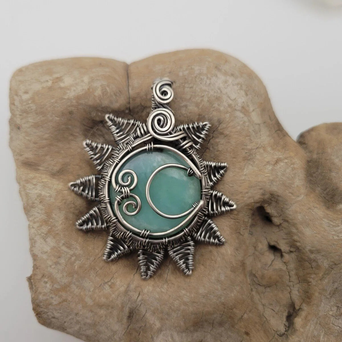 Handcrafted Blue Peruvian Opal Sterling Silver Sun and Moon Pendant Necklace — product image 7