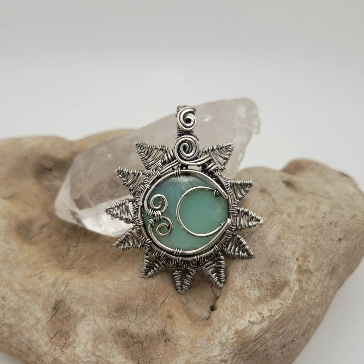 Handcrafted Blue Peruvian Opal Sterling Silver Sun and Moon Pendant Necklace — product image 9