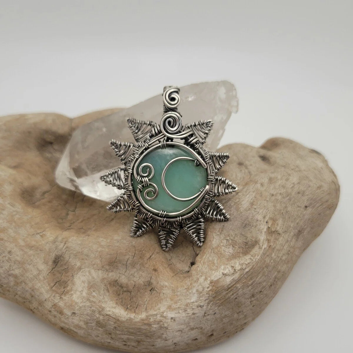 Handcrafted Blue Peruvian Opal Sterling Silver Sun and Moon Pendant Necklace — product image 10