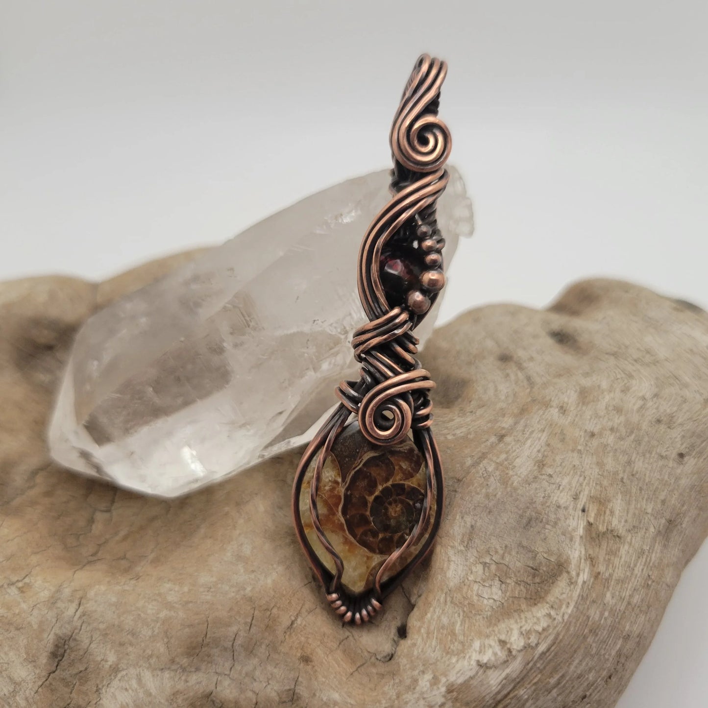 Handcrafted Ammonite and Black Opal Copper Pendant Necklace — front view