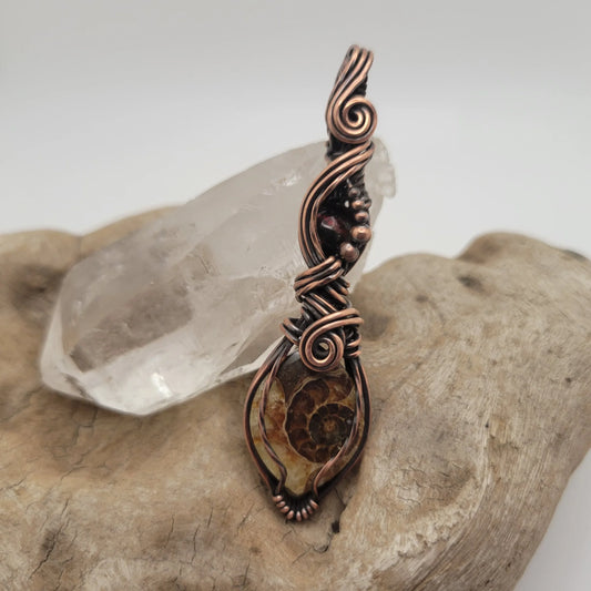 Handcrafted Ammonite and Black Opal Copper Pendant Necklace — front view