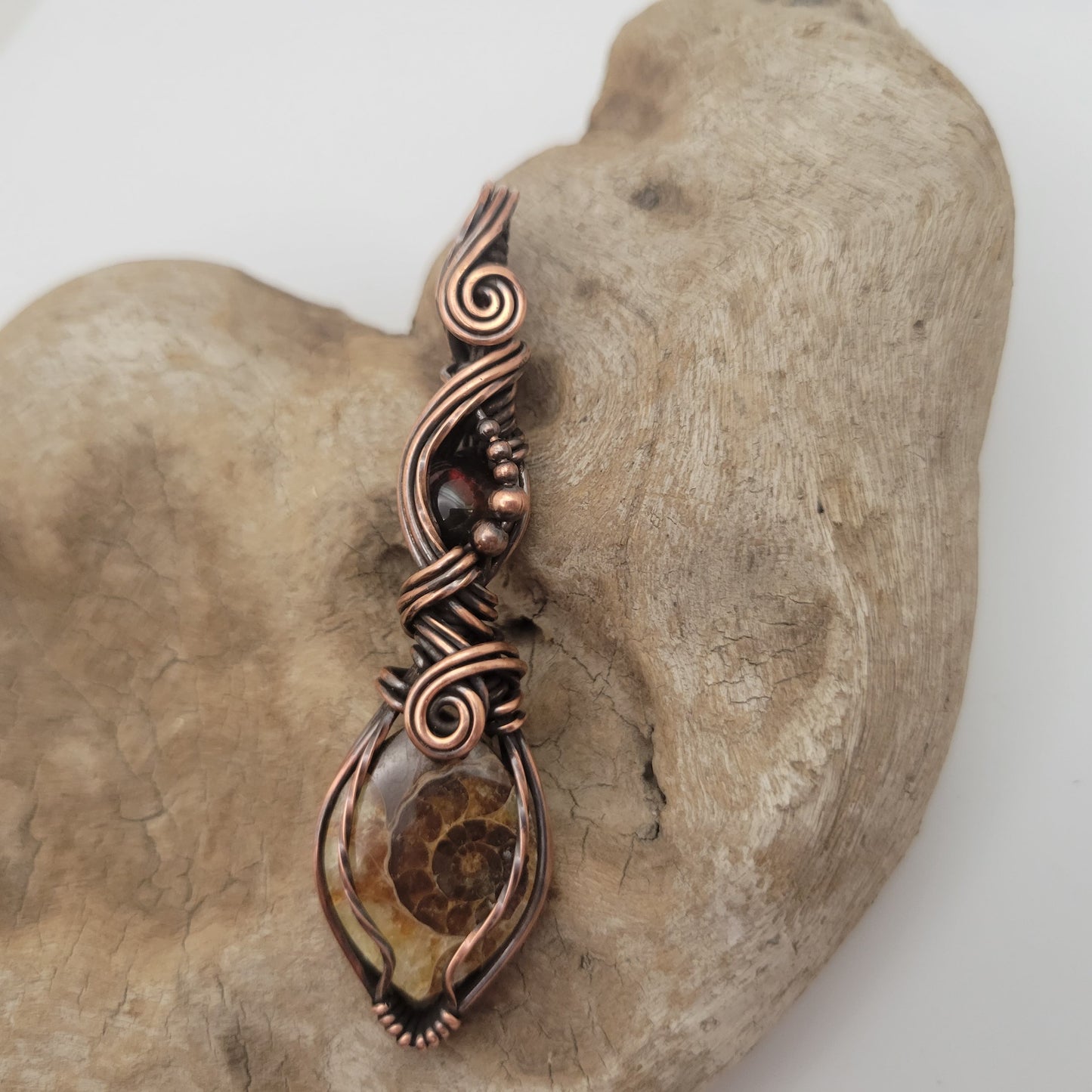 Handcrafted Ammonite and Black Opal Copper Pendant Necklace — detail view