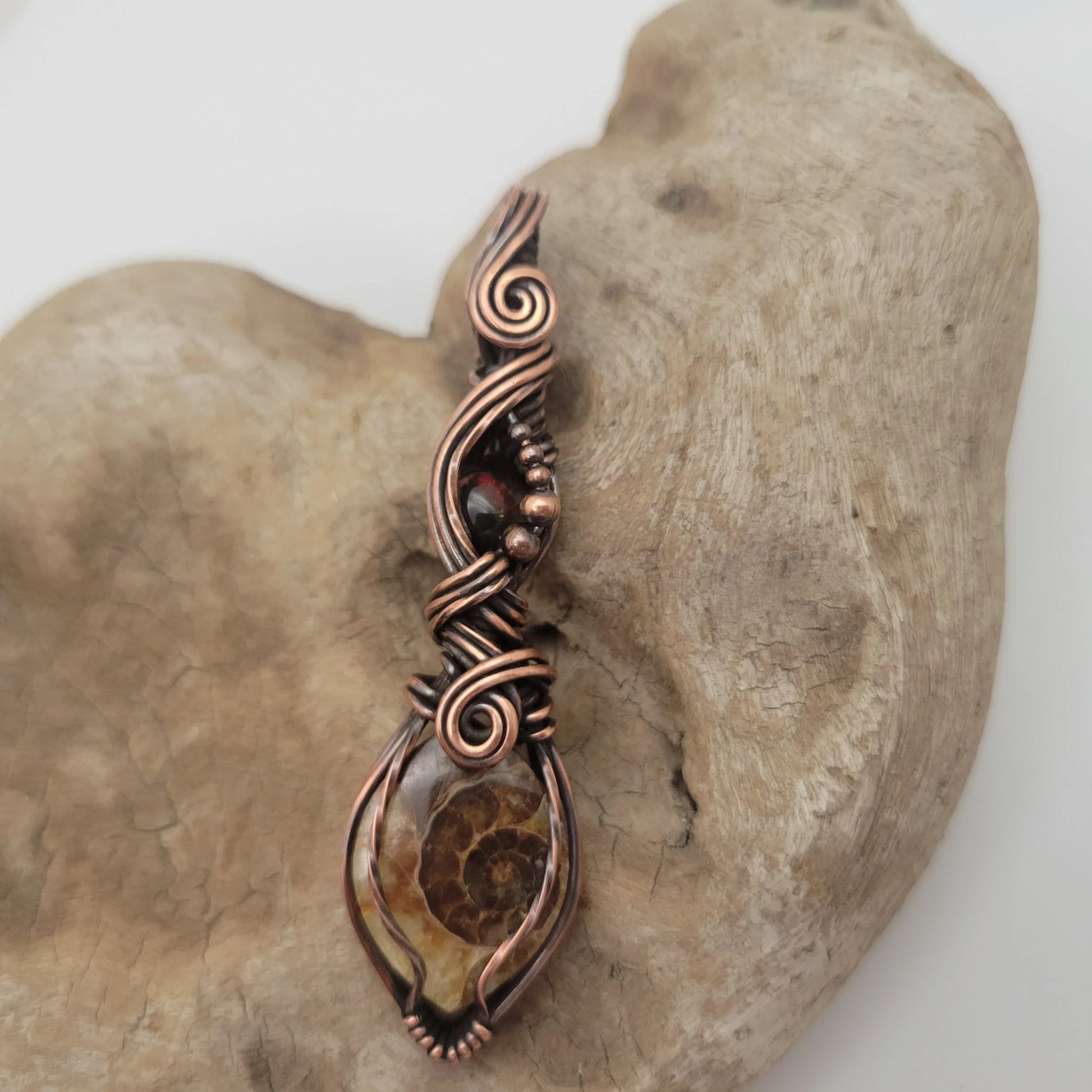 Handcrafted Ammonite and Black Opal Copper Pendant Necklace — side view