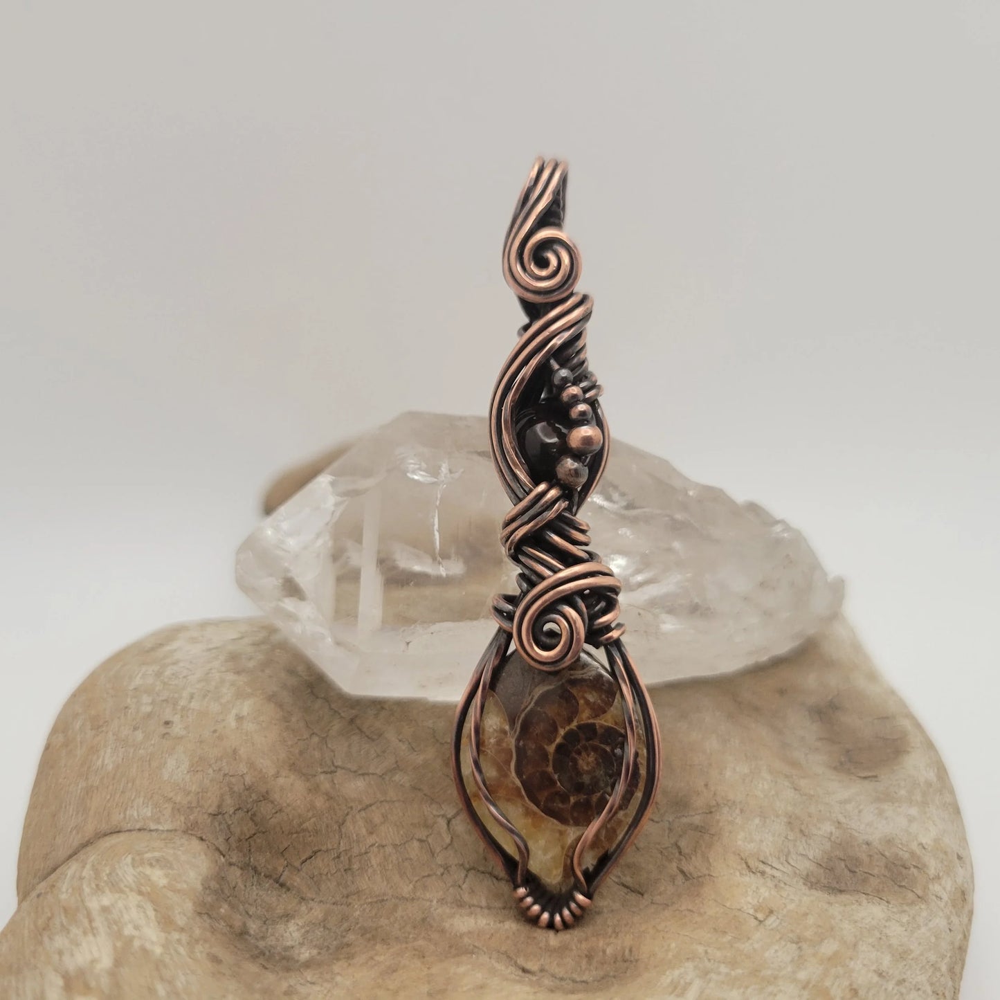 Handcrafted Ammonite and Black Opal Copper Pendant Necklace — reverse view