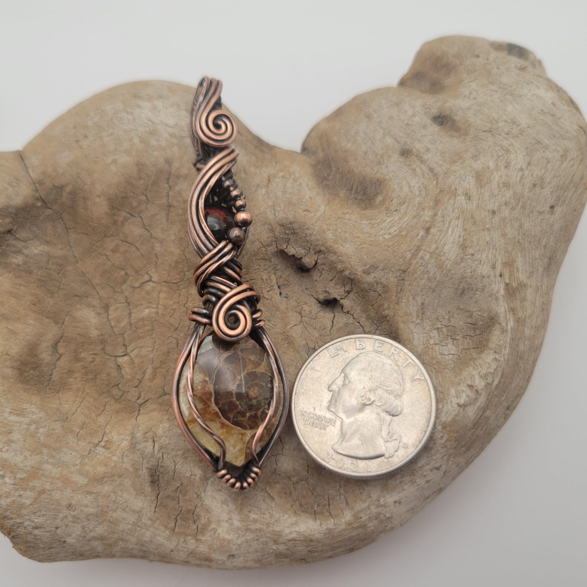 Handcrafted Ammonite and Black Opal Copper Pendant Necklace — product image 9