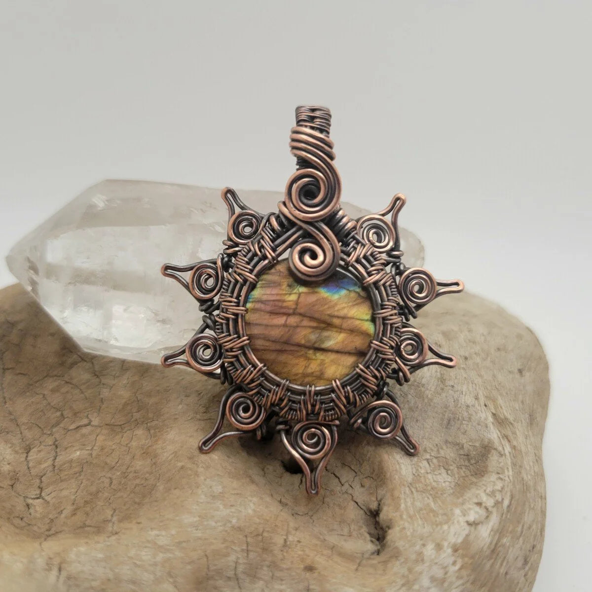 Handcrafted Labradorite Copper Sun Pendant Necklace — detail view