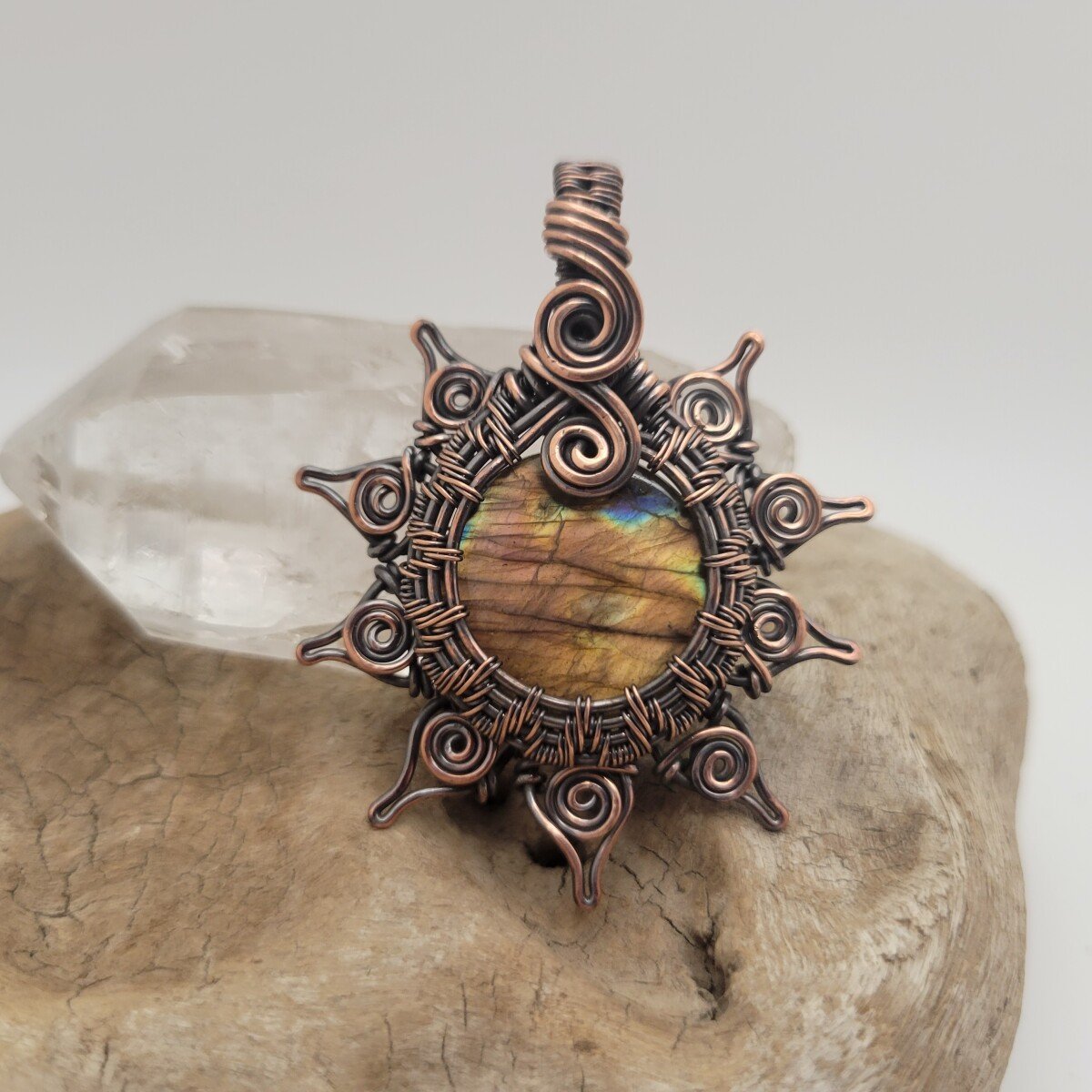 Handcrafted Labradorite Copper Sun Pendant Necklace — front view