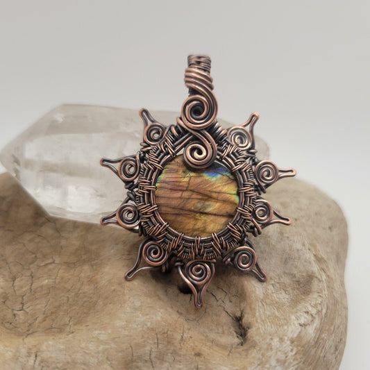 Handcrafted Labradorite Copper Sun Pendant Necklace — front view