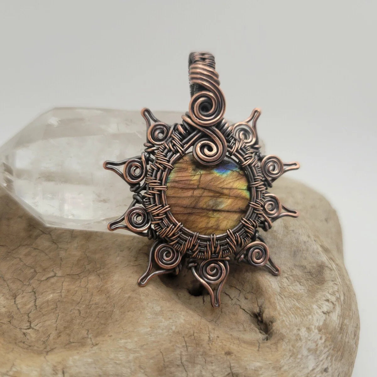 Handcrafted Labradorite Copper Sun Pendant Necklace — side view