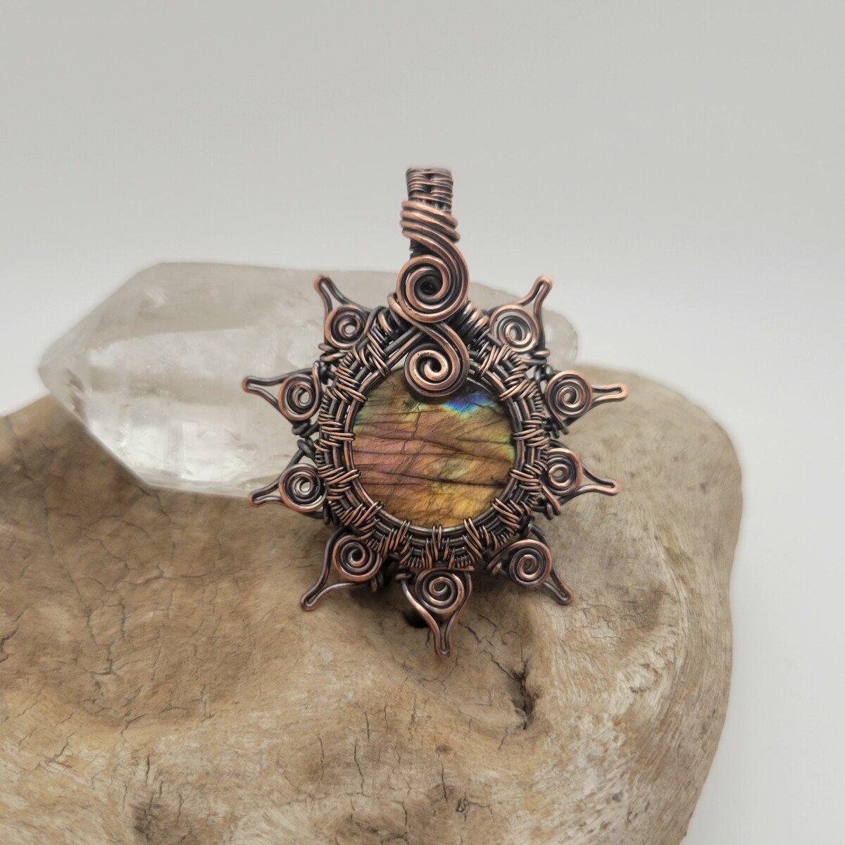 Handcrafted Labradorite Copper Sun Pendant Necklace — close-up