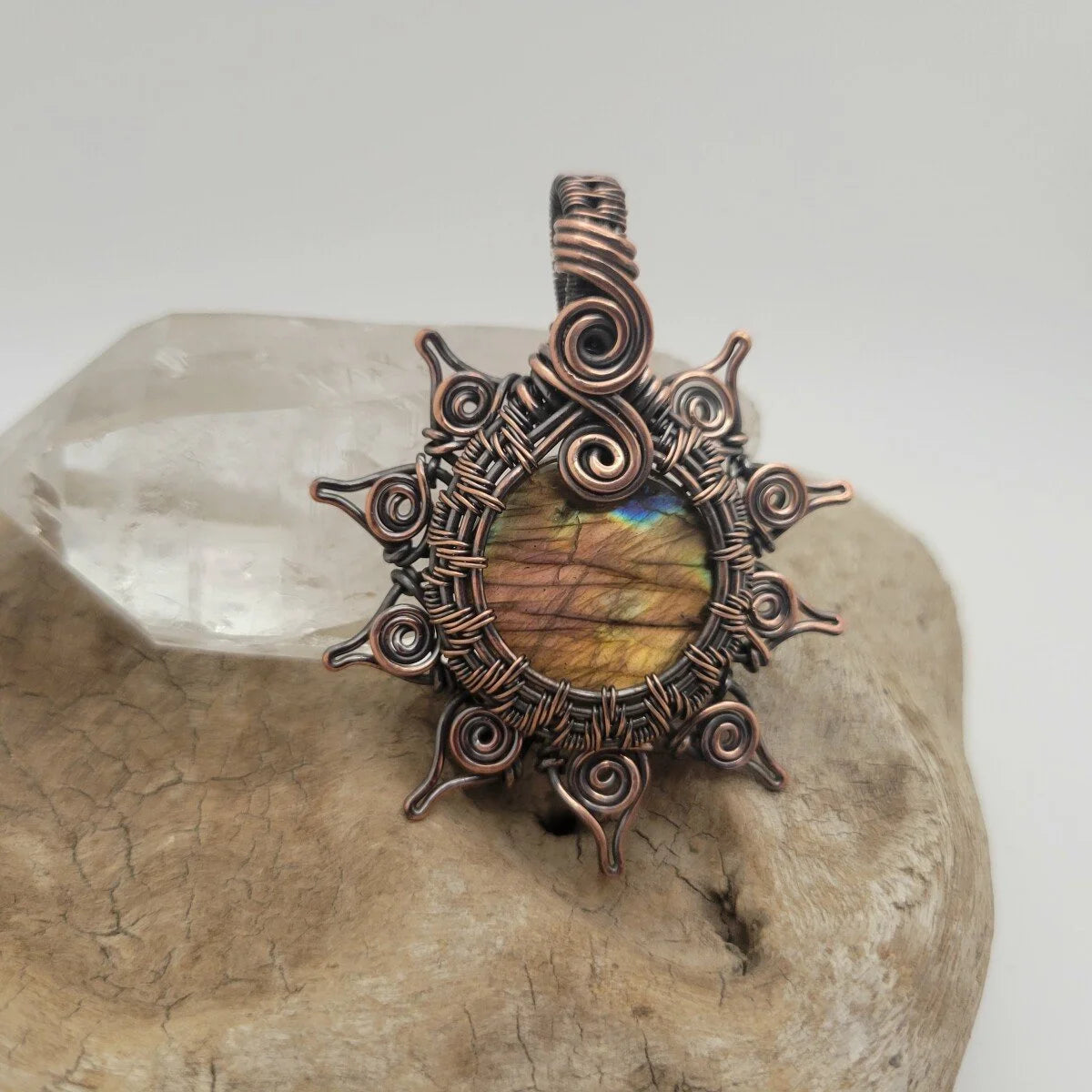 Handcrafted Labradorite Copper Sun Pendant Necklace — reverse view