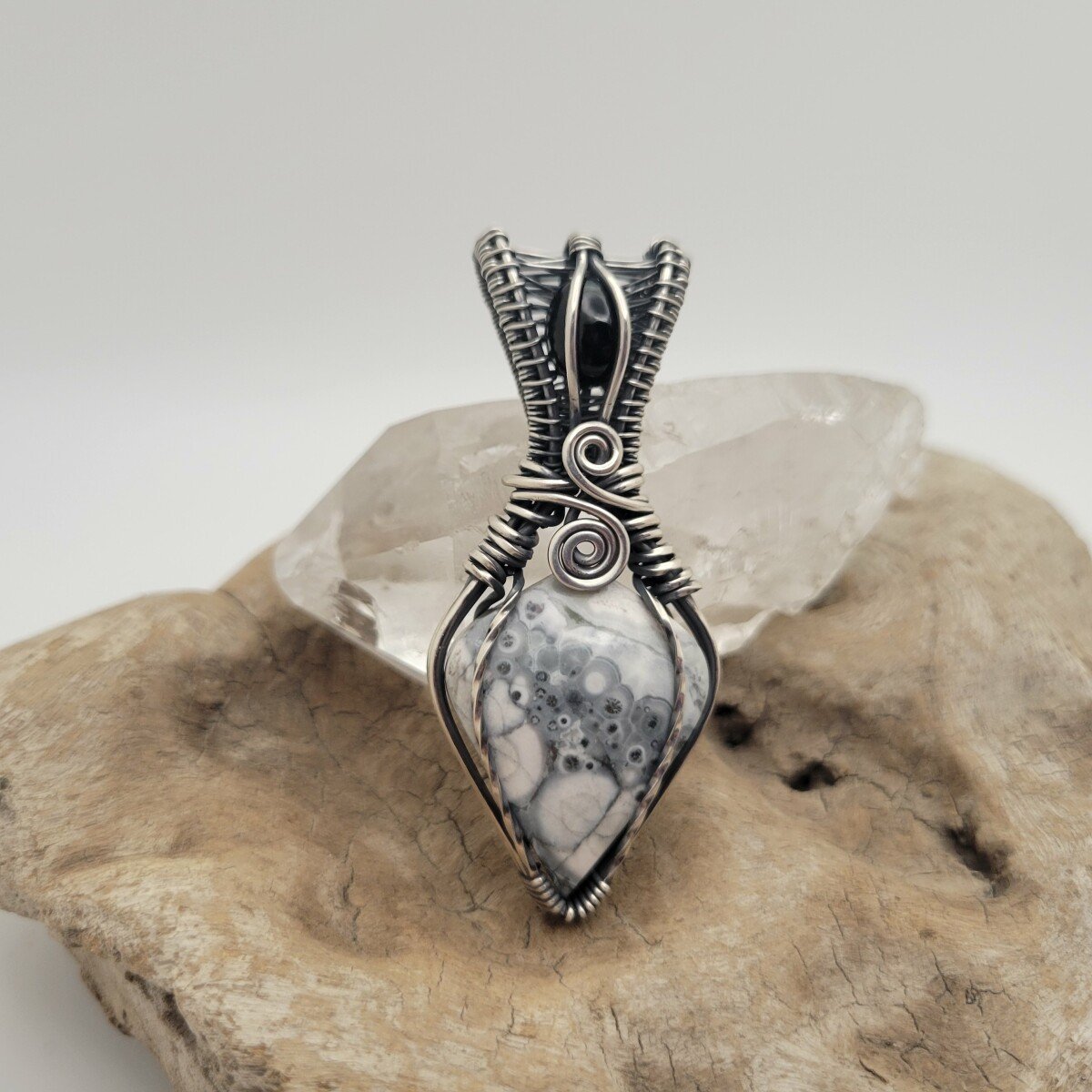 Handcrafted Black Onyx and Galaxy Rhyolite Sterling Silver Pendant Necklace — detail view