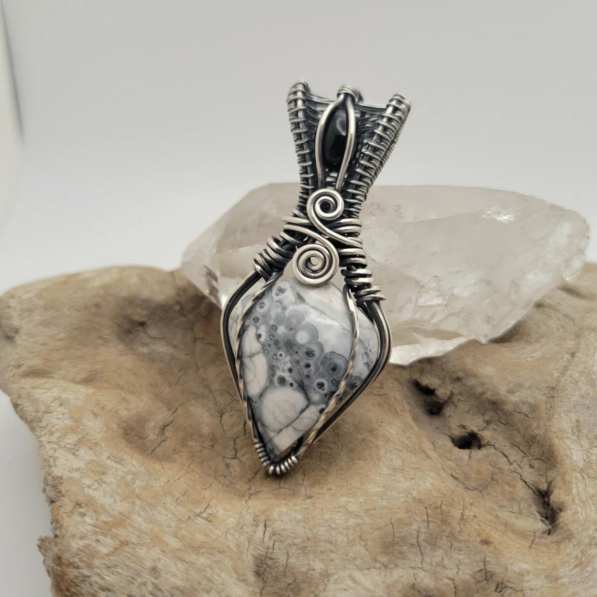 Handcrafted Black Onyx and Galaxy Rhyolite Sterling Silver Pendant Necklace — side view