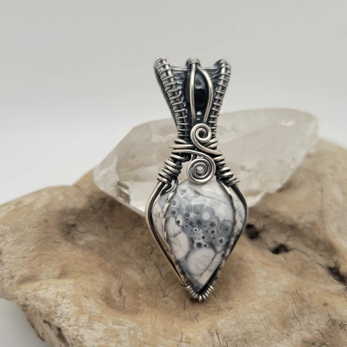 Handcrafted Black Onyx and Galaxy Rhyolite Sterling Silver Pendant Necklace — close-up